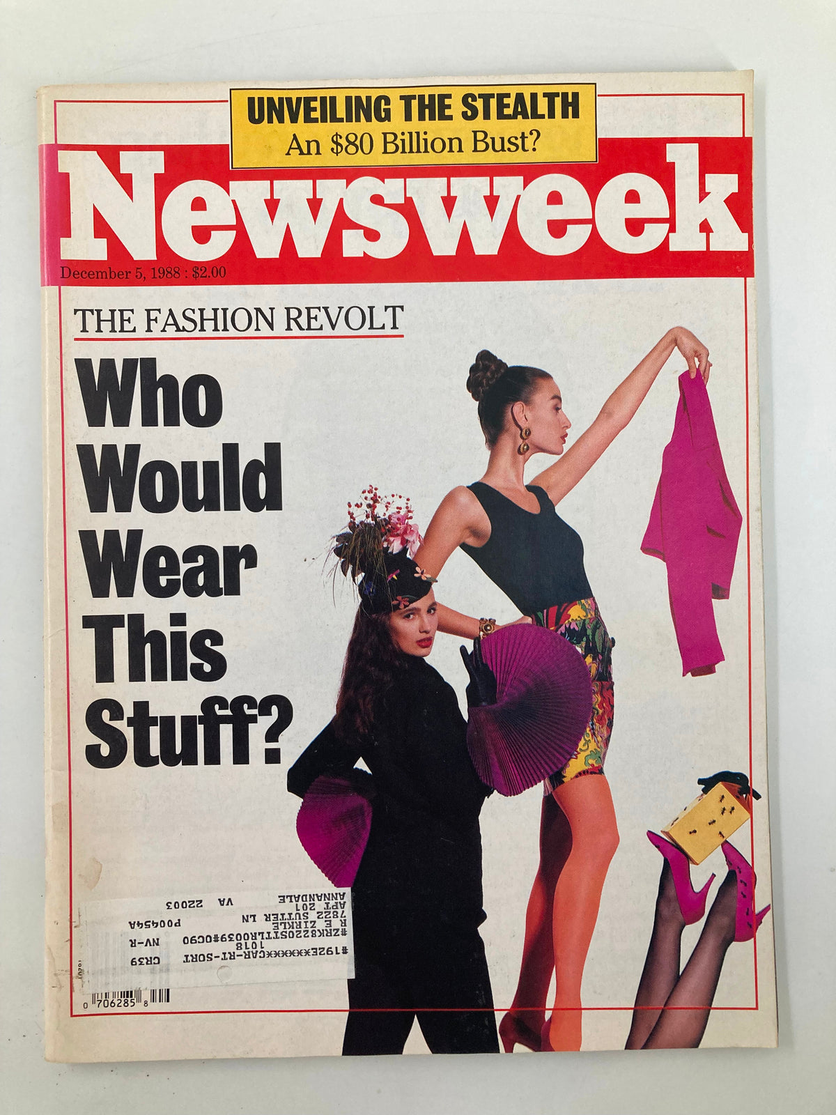 Cover of VTG Newsweek Magazine December 5, 1988, featuring the headline 'The Fashion Revolt' and a stylish model showcasing vibrant fashion choices, highlighting trends from the late 1980s.