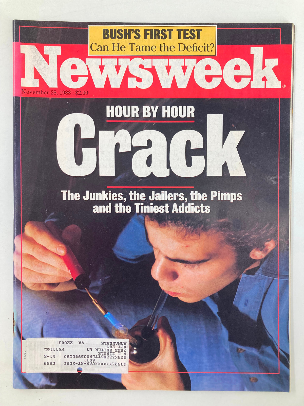 VTG Newsweek Magazine Cover from November 28, 1988 titled 'Hour by Hour Crack' featuring an image related to the crack epidemic and Bush's first test as President.