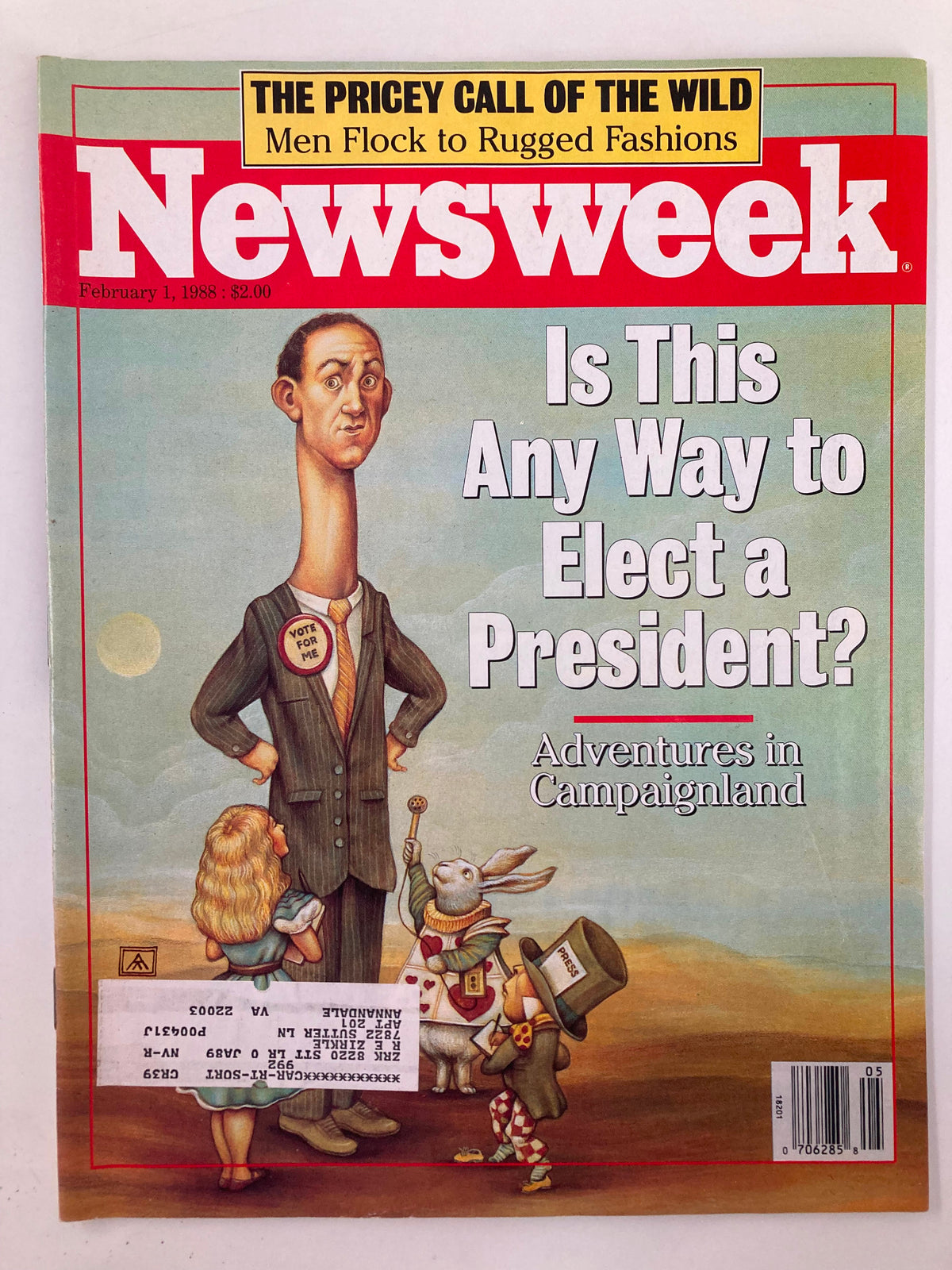 Cover of vintage Newsweek Magazine from February 1, 1988, featuring the title 'The Pricey Call of the Wild' and an illustration questioning 'Is This Any Way to Elect a President?' Showcasing whimsical characters and commentary on the 1988 election.
