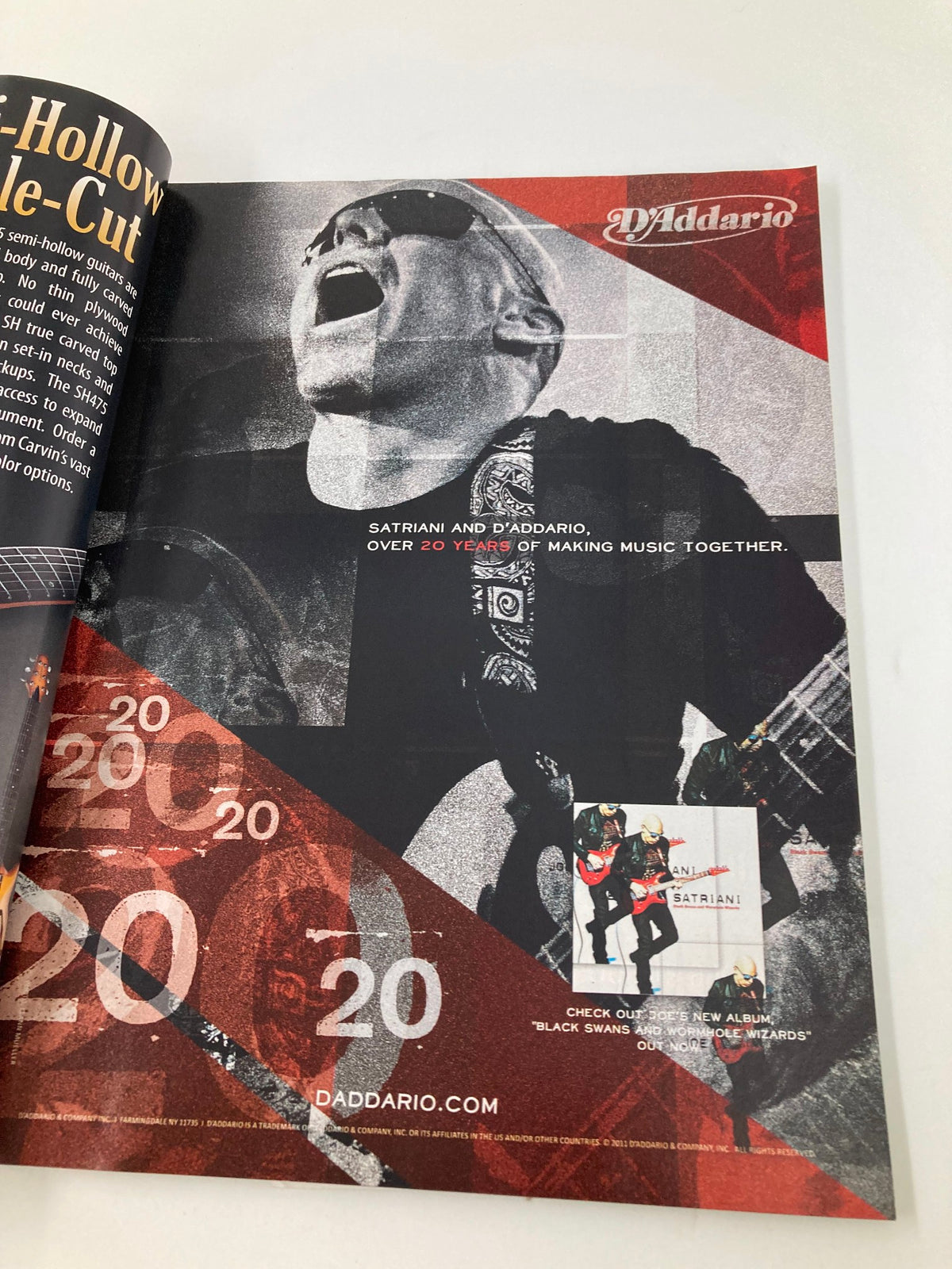 Inside page of Guitar Player Magazine January 2011 featuring an advertisement for D'Addario, celebrating Joe Satriani and 20 years of collaboration with bold graphics.