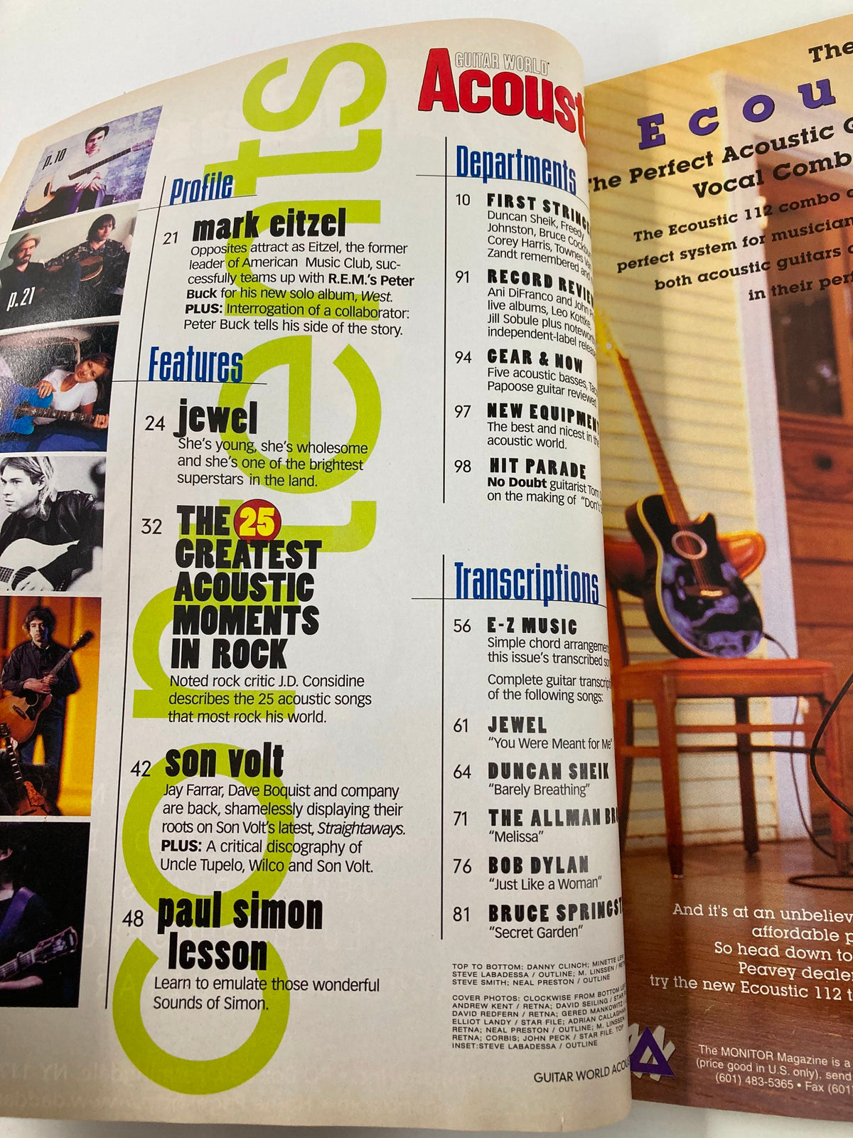 Inside page of Guitar World Acoustic Magazine No. 23 displaying articles and profiles, highlighting features on artists like Jewel and Paul Simon, capturing acoustic music insights.