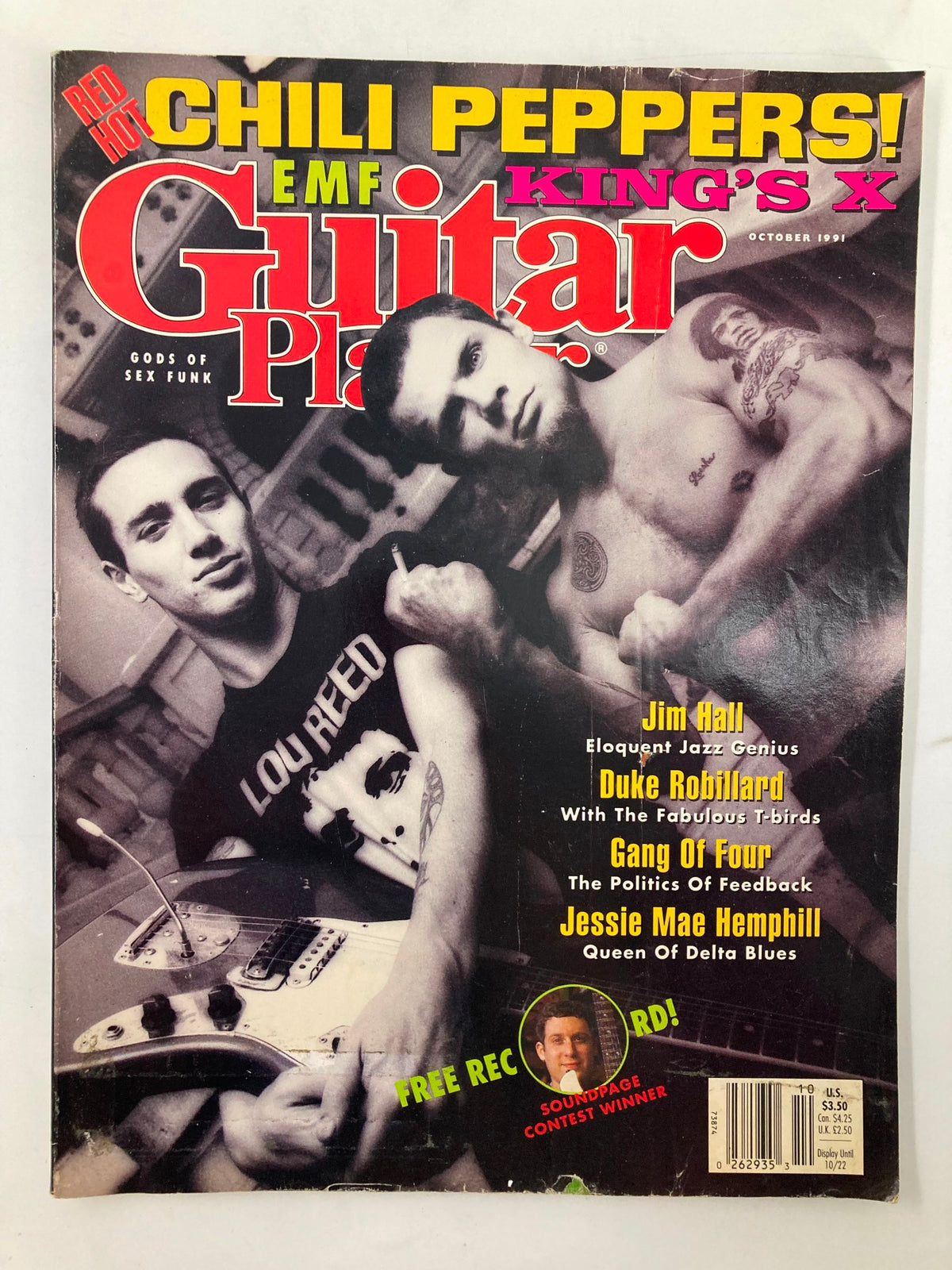 Cover of Guitar Player Magazine October 1991 featuring Jim Hall, Duke Robillard, and Jessie M. Hemphill, highlighting iconic guitarists and vintage music culture.