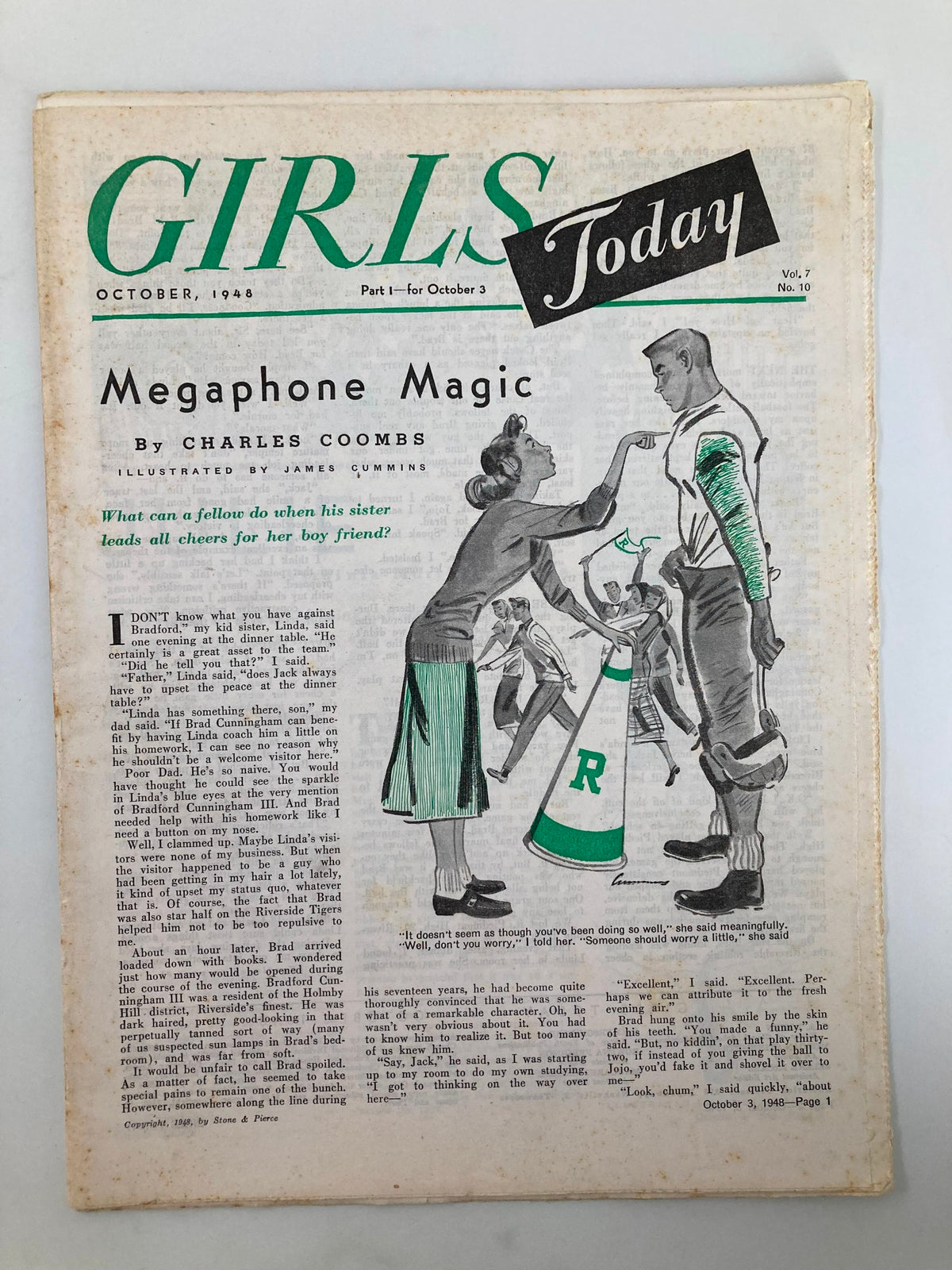 Cover of VTG Girls Today Magazine, October 1948, featuring the title 'Megaphone Magic', with illustrated characters and retro design, showcasing young women's fashion and culture from the late 1940s.