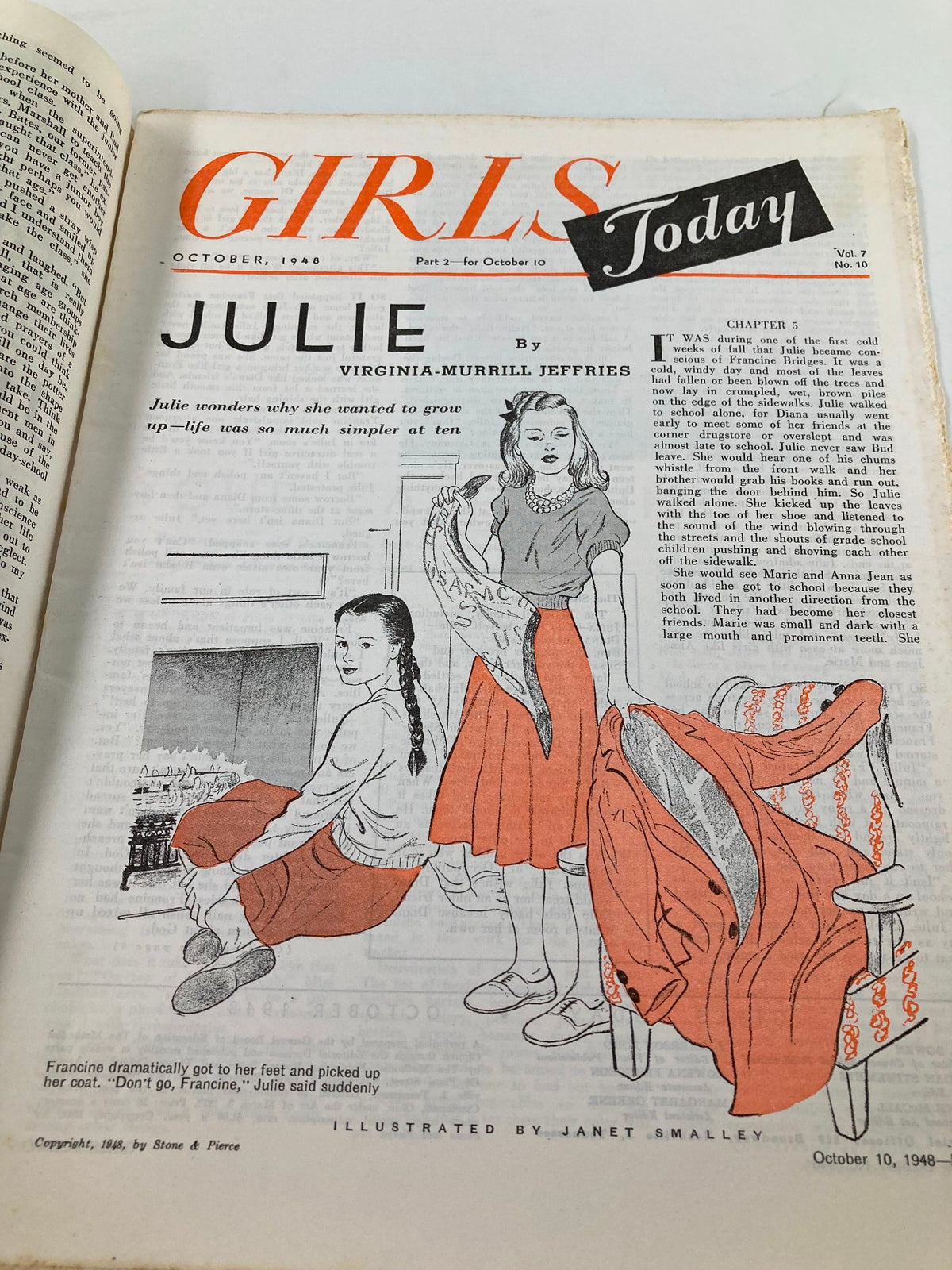 Illustration from VTG Girls Today Magazine October 1948 titled "Julie," showcasing two girls in 1940s clothing engaging in conversation, highlighting the vintage fashion and storytelling of the era.