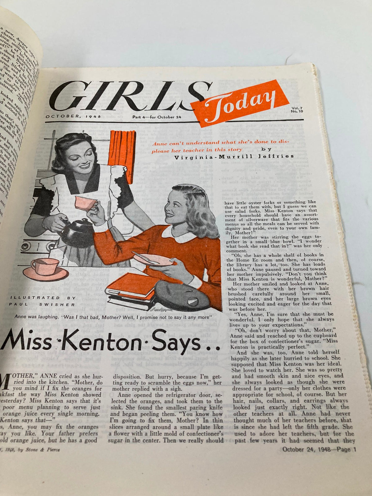 Illustration from VTG Girls Today Magazine October 1948 titled "Miss Kenton Says," depicting a kitchen scene with girls discussing household duties, reflecting the cultural context of the late 1940s.