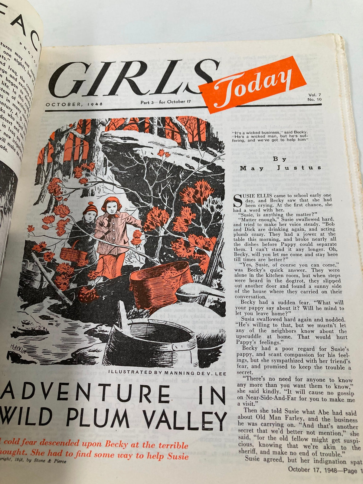 Illustration from VTG Girls Today Magazine October 1948 titled "Adventure in Wild Plum Valley," featuring two girls in autumn attire exploring a wooded area, emphasizing the adventurous spirit in 1940s youth literature.