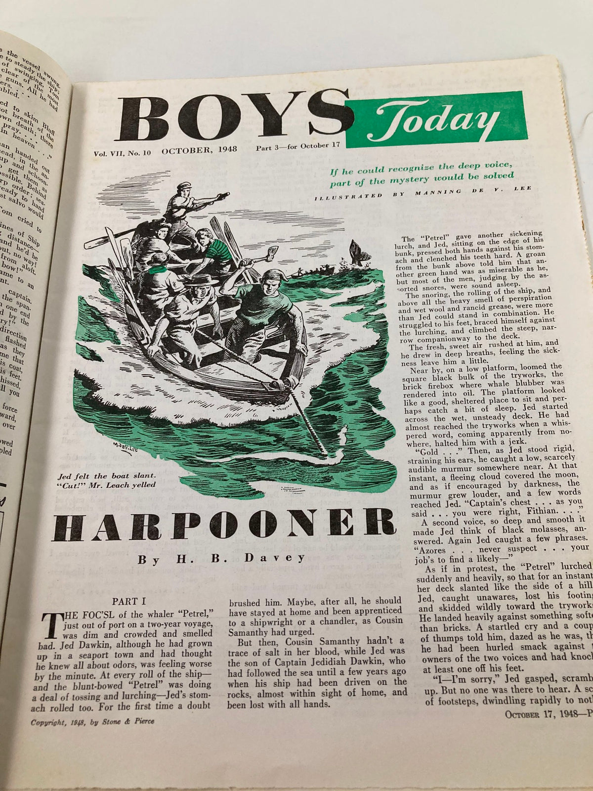 Inside page of VTG Boys Today Magazine October 1948 featuring the story 'Harpuner' by H.B. Davey, illustrated with sailors rowing a boat.