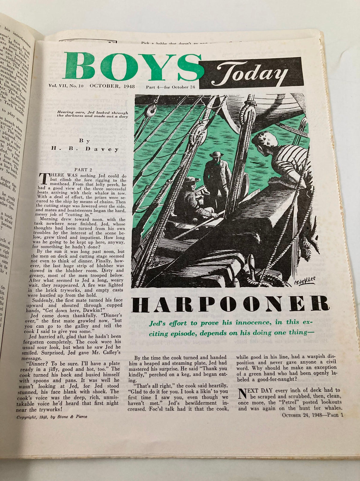 Inside page of VTG Boys Today Magazine October 1948 displaying part 4 of 'Harpuner' by H.B. Davey, featuring an illustration of sailors working on a ship.