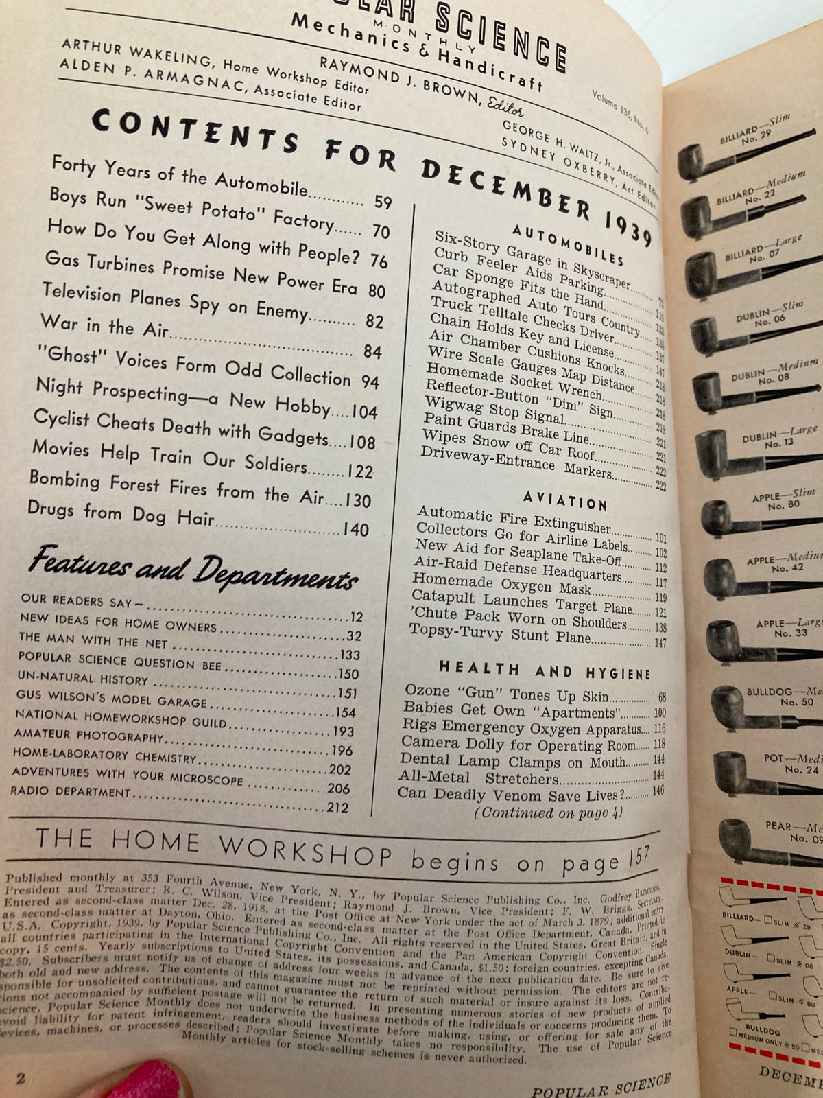 Page two of VTG Popular Science Monthly Magazine December 1939 showcasing the table of contents, highlighting key articles like 'Forty Years of the Automobile'.