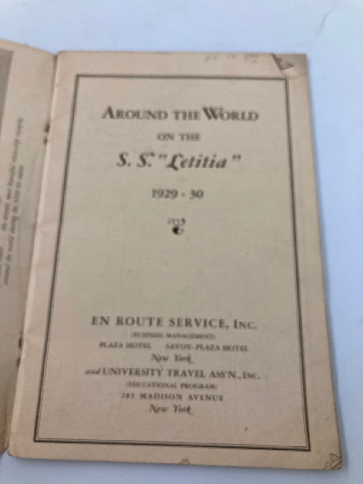Inside title page of VTG Around The World on the S.S. Letitia 1929 - 1930 magazine, showing publication details and a classic design.