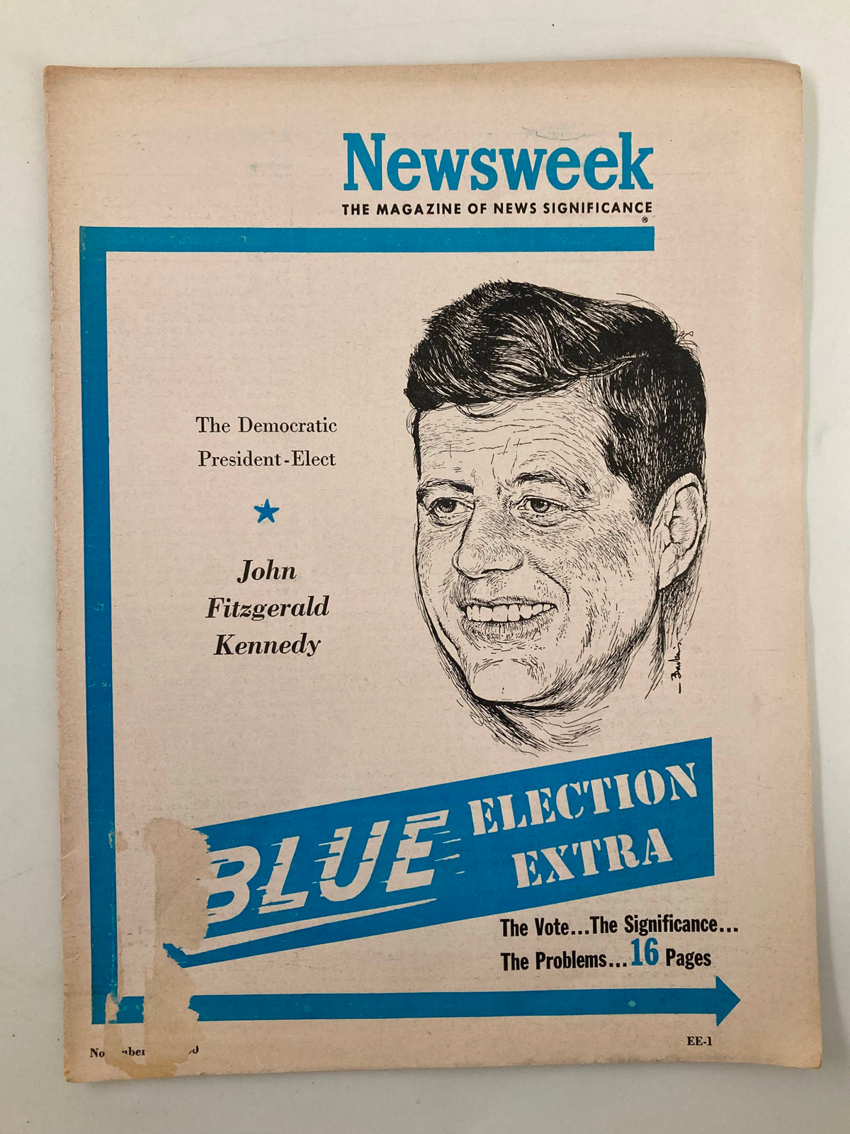 VTG Newsweek Magazine from November 14, 1960 featuring President-Elect John Fitzgerald Kennedy on the cover, highlighting the election and Kennedy's democratic leadership.