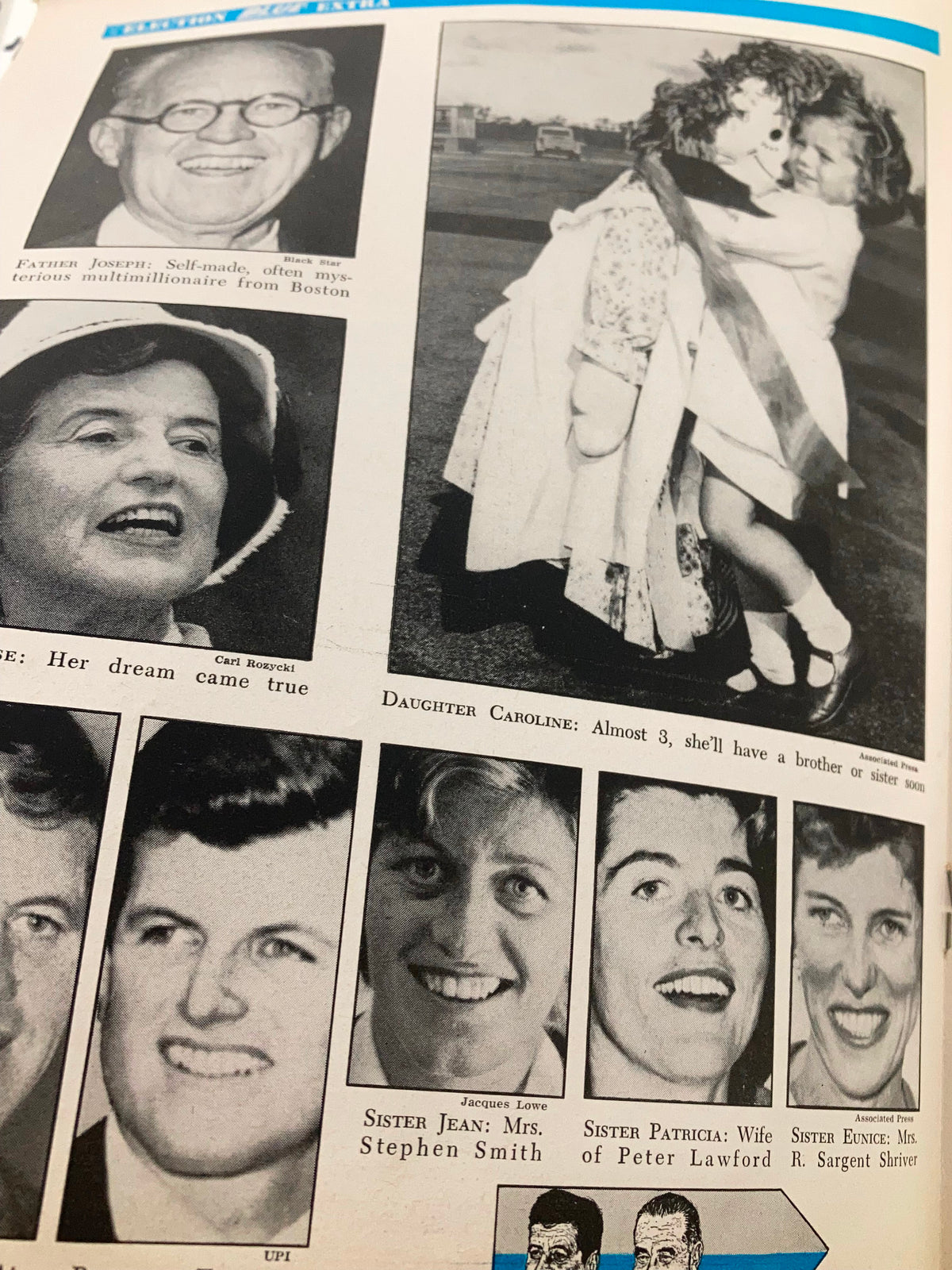 Page from the November 14, 1960 Newsweek Magazine showcasing family members of President-Elect John Fitzgerald Kennedy with photographs and captions about his family.