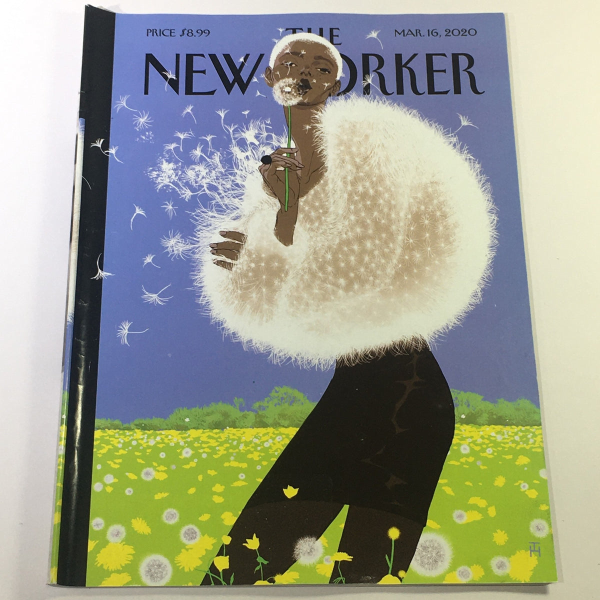 Cover of The New Yorker dated March 16, 2020, featuring an artistic illustration by Tomer Hanuka, showcasing a fashionable figure surrounded by dandelions on a vibrant blue background.