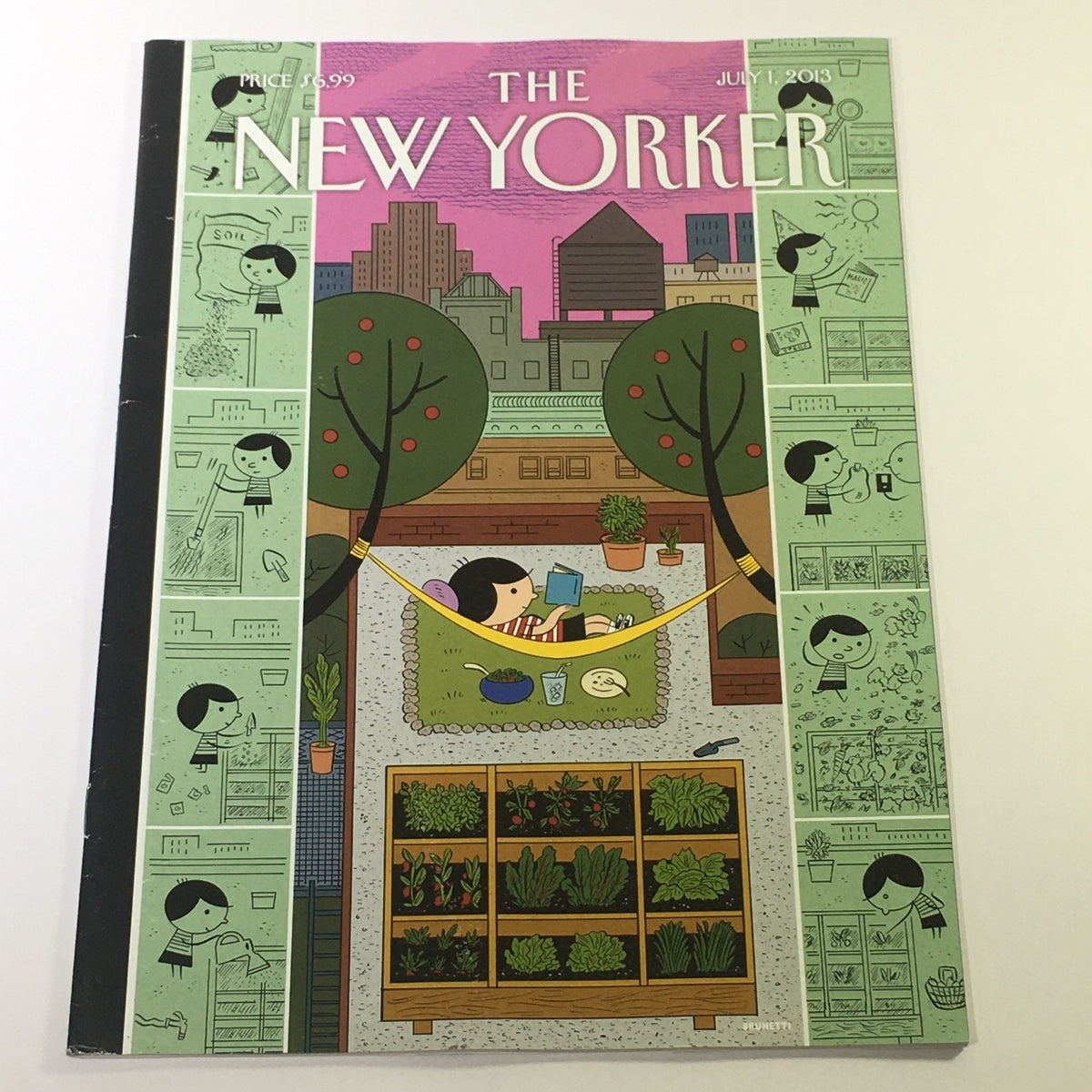 The New Yorker July 1 2013 magazine cover illustrated by Ivan Brunetti, featuring a whimsical scene of a girl reading in a hammock surrounded by urban greenery and a skyline backdrop.