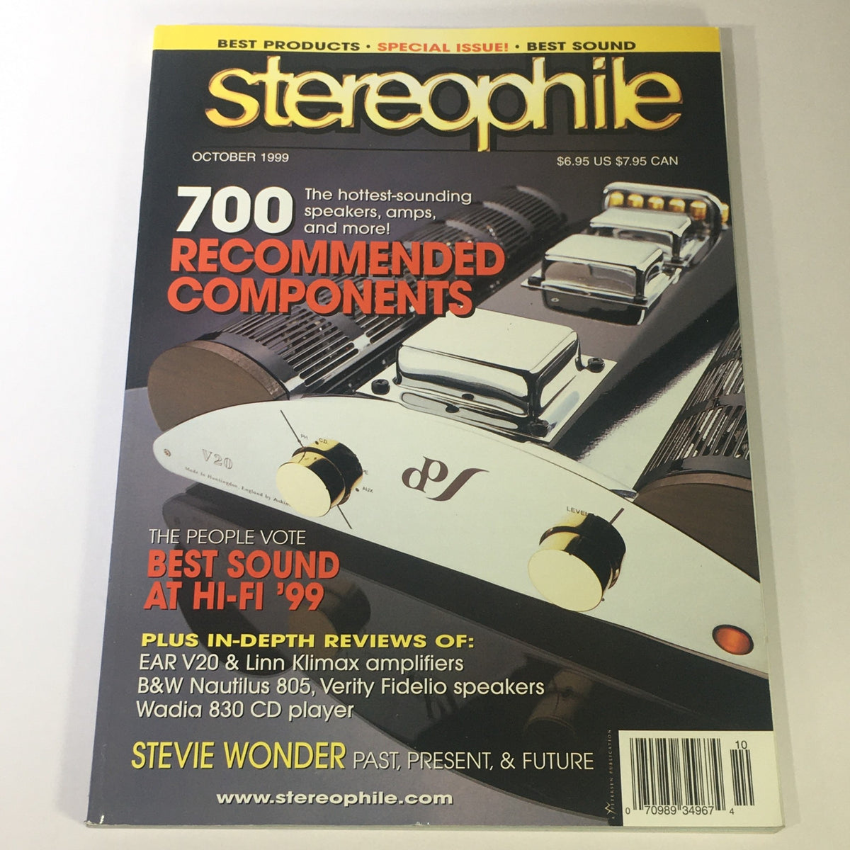 Stereophile Magazine October 1999 featuring Stevie Wonder, reviews of Ear V20 and Linn Klimax AMP, and highlighted audio components.