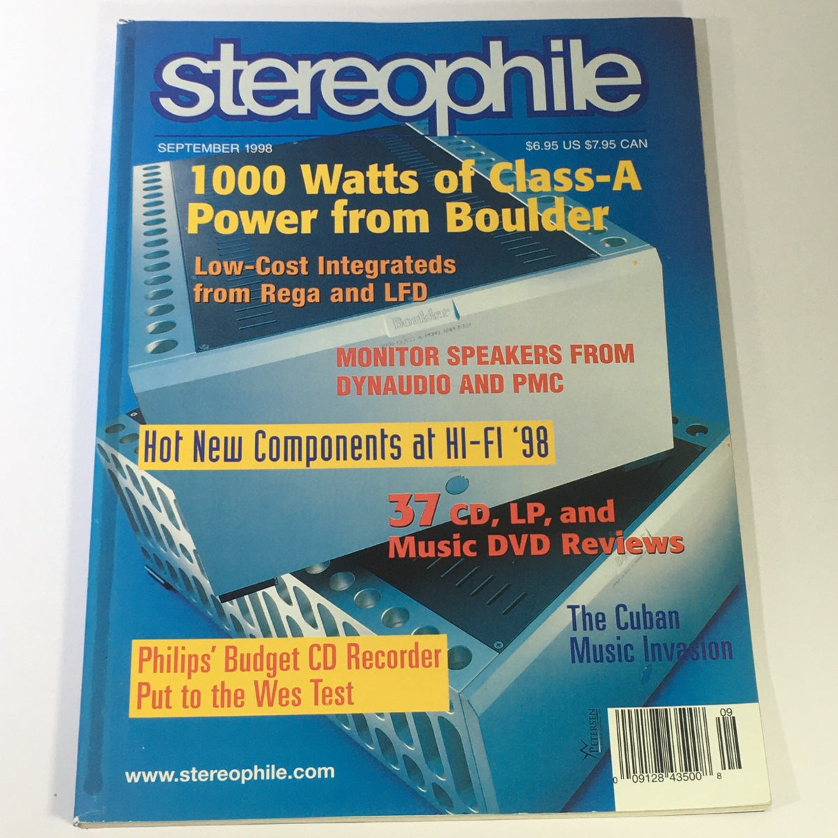 Cover of Stereophile Magazine September 1998 featuring 'The Cuban Music Invasion'. It includes topics like Class-A power from Boulder, monitor speakers from Dynaudio and PMC, and music reviews.