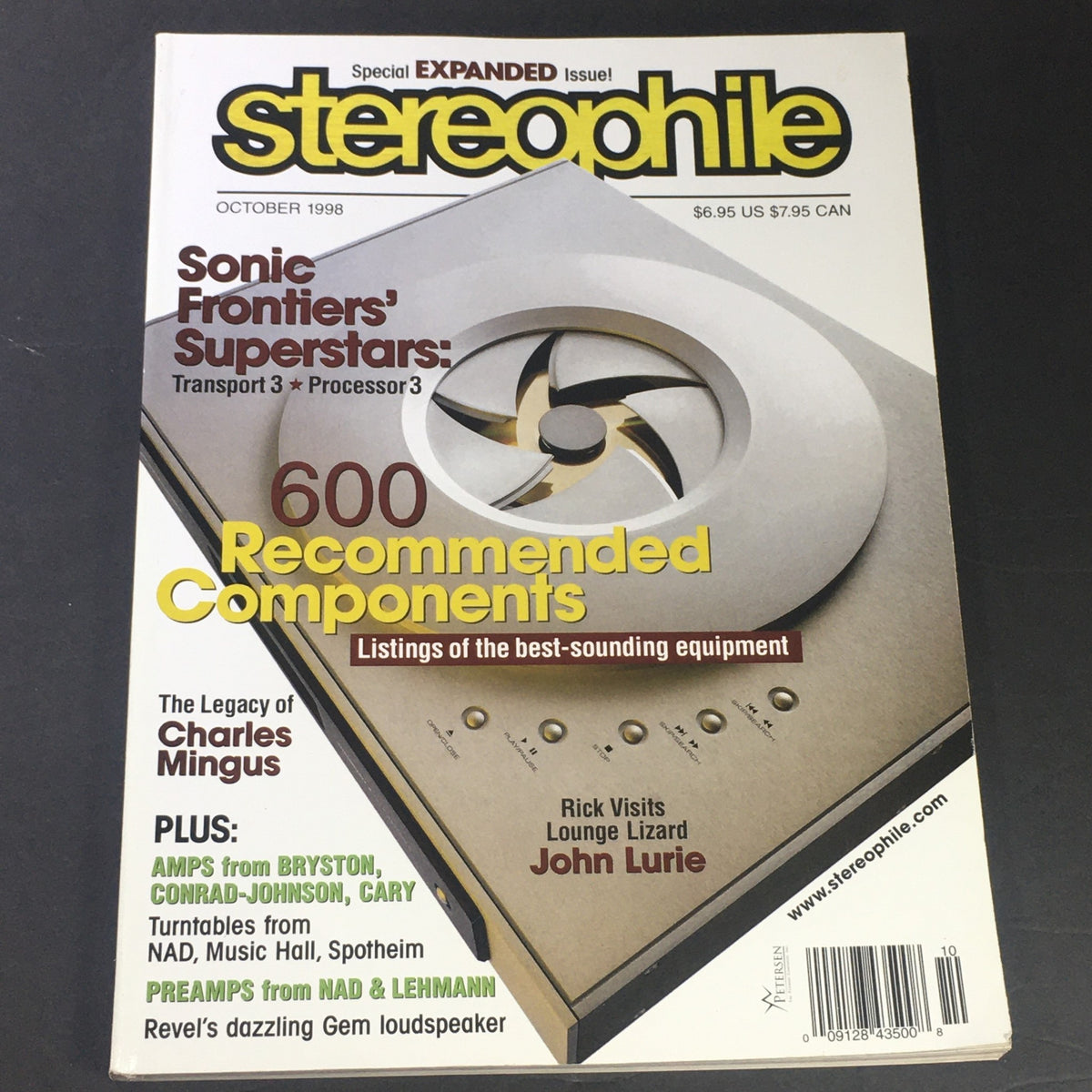 Cover of Stereophile Magazine October 1998 featuring stories on Lounge John Lurie and the Legacy of Charles Mingus, highlighting recommended audio components.