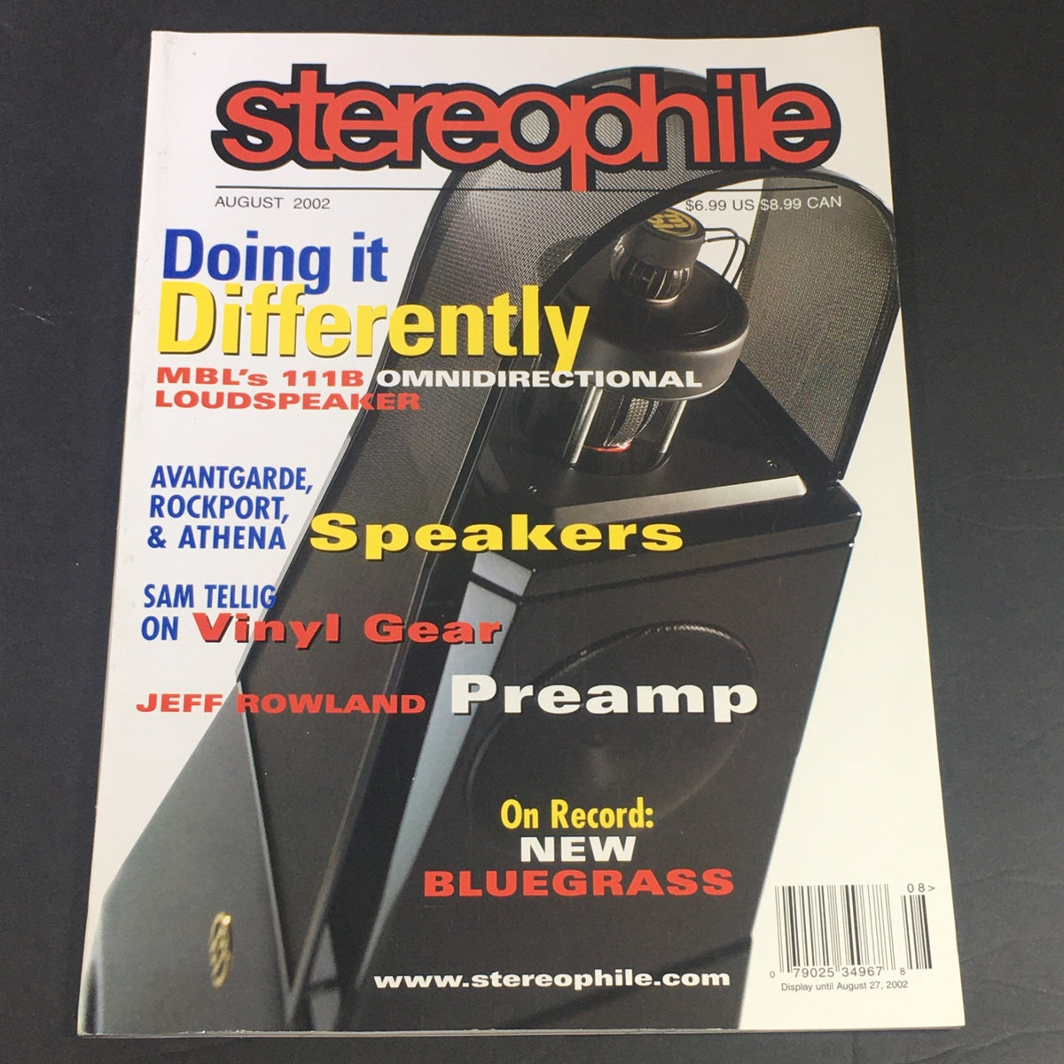 Stereophile Magazine August 2002 featuring Jeff Rowland Preamp and articles on Avantgarde loudspeakers and vinyl gear.