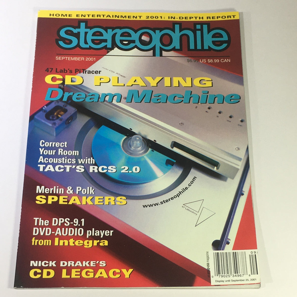 Cover of Stereophile Magazine September 2001 featuring Nick Drake's CD Legacy and Merlin Polk Speakers, highlighting audio technology and music enthusiasts.