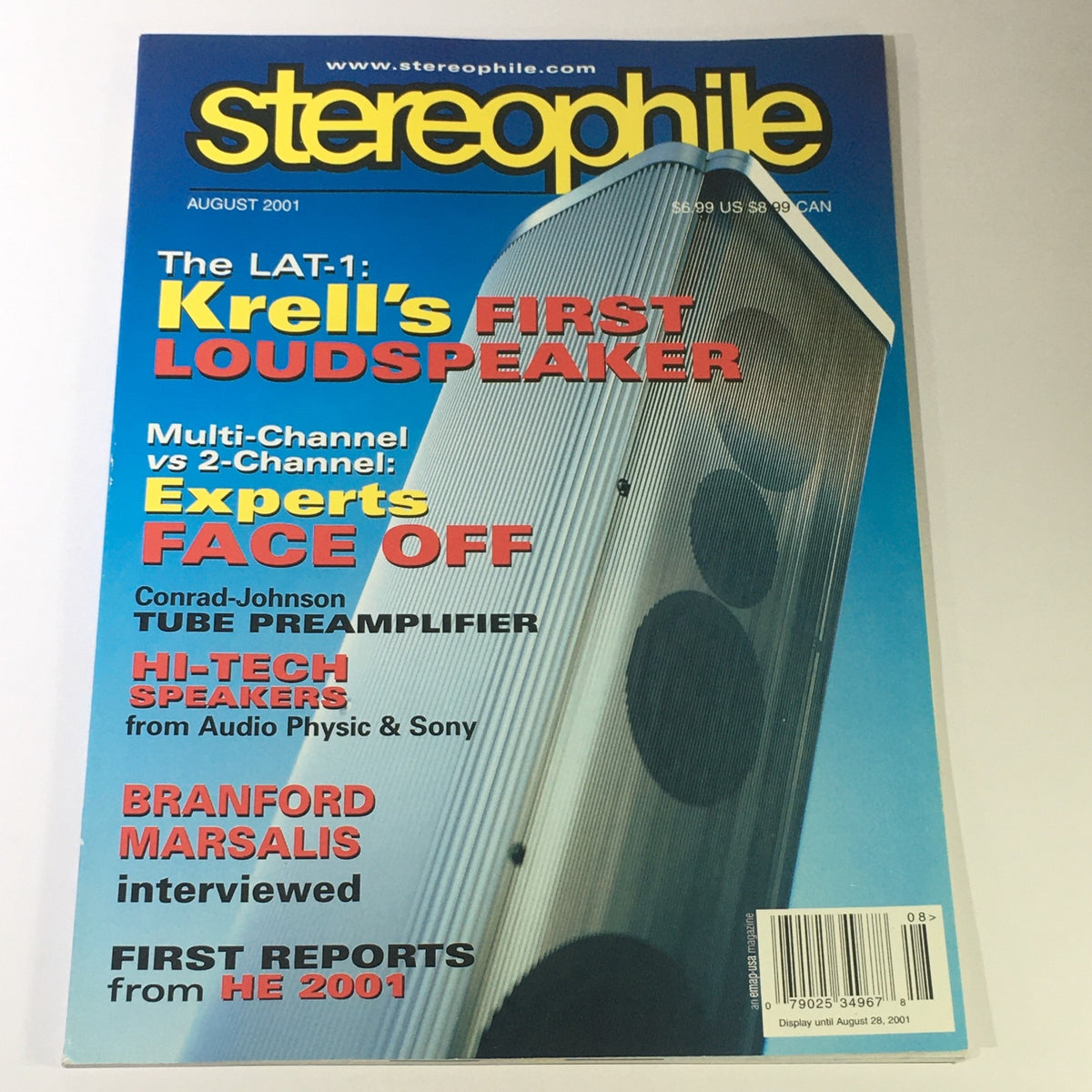 Stereophile Magazine August 2001 featuring LAT-1 Krell Loudspeaker on the cover, highlighting topics such as multi-channel audio, experts' face-off, and an interview with Branford Marsalis.