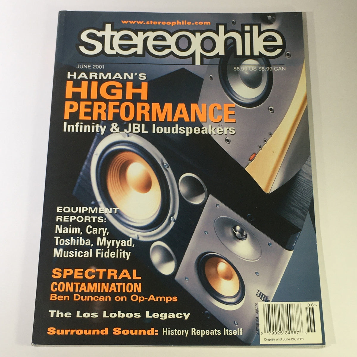 Cover of Stereophile Magazine June 2001 featuring Harman's high performance Infinity and JBL loudspeakers, equipment reports on Naim, Cary, Toshiba, Myriad, and Musical Fidelity, and an article on Ben Duncan's op-amps.