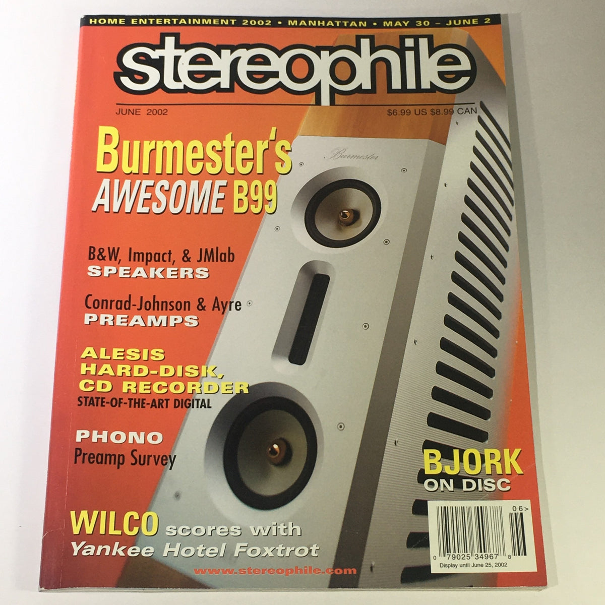 Stereophile Magazine June 2002 cover featuring articles on Conrad-Johnson & Ayre preamps, along with a focus on Bjork's music. The cover highlights Burmester's B99 speakers and various audio technology insights.