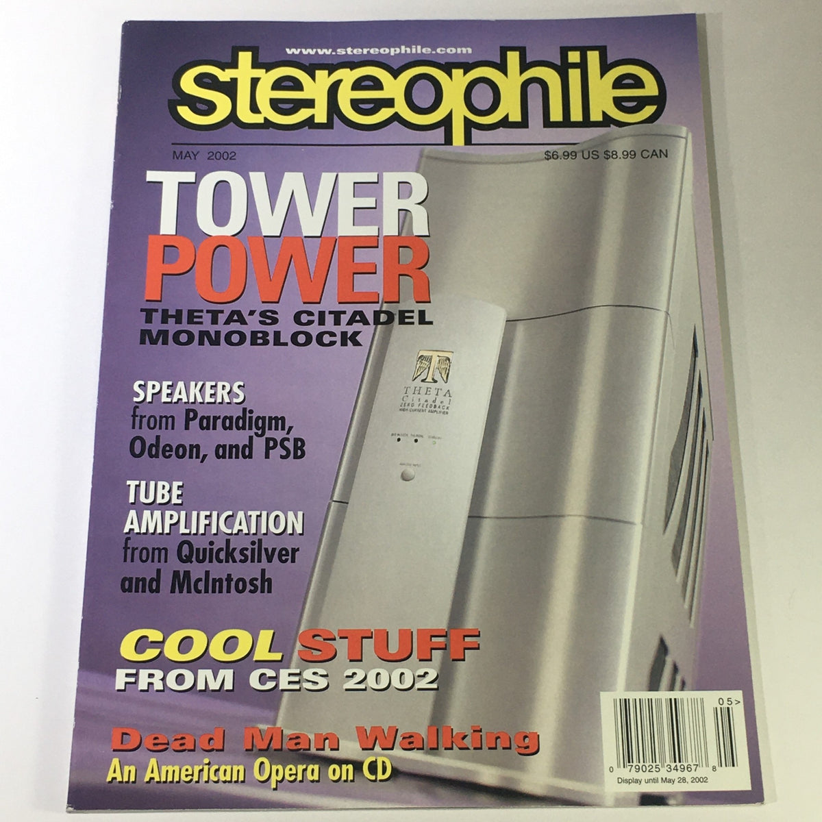 Cover of Stereophile Magazine May 2002 featuring Theta Citadel Monoblock, Paradigm and PSB speakers, highlighting topics like tower amplification and audio innovations.