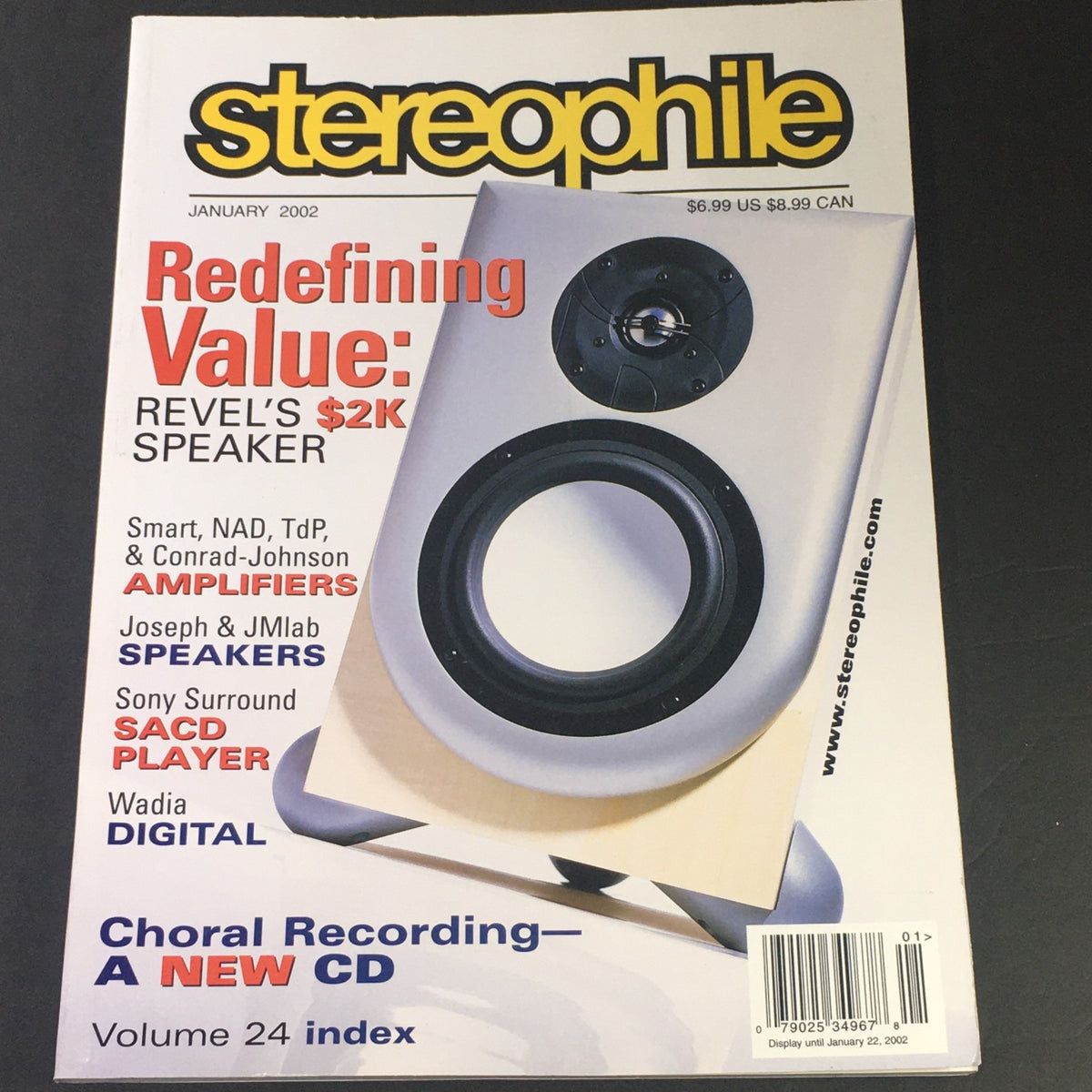 Cover of Stereophile Magazine January 2002 featuring a Sony Surround SACD Player, a Wadia Digital showcase, and an article on Revel's $2K speaker. Ideal for audiophiles and collectors interested in vintage audio technology.