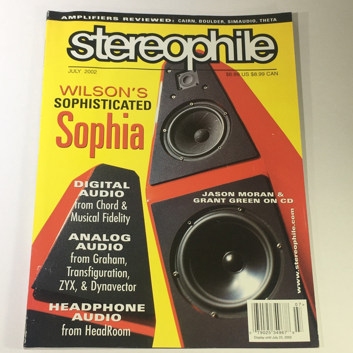 Cover of Stereophile Magazine July 2002 showcasing Wilson's sophisticated Sophia speaker, featuring articles on digital audio from Chord and Musical Fidelity, along with Graham Analog Audio and headphone audio from HeadRoom.