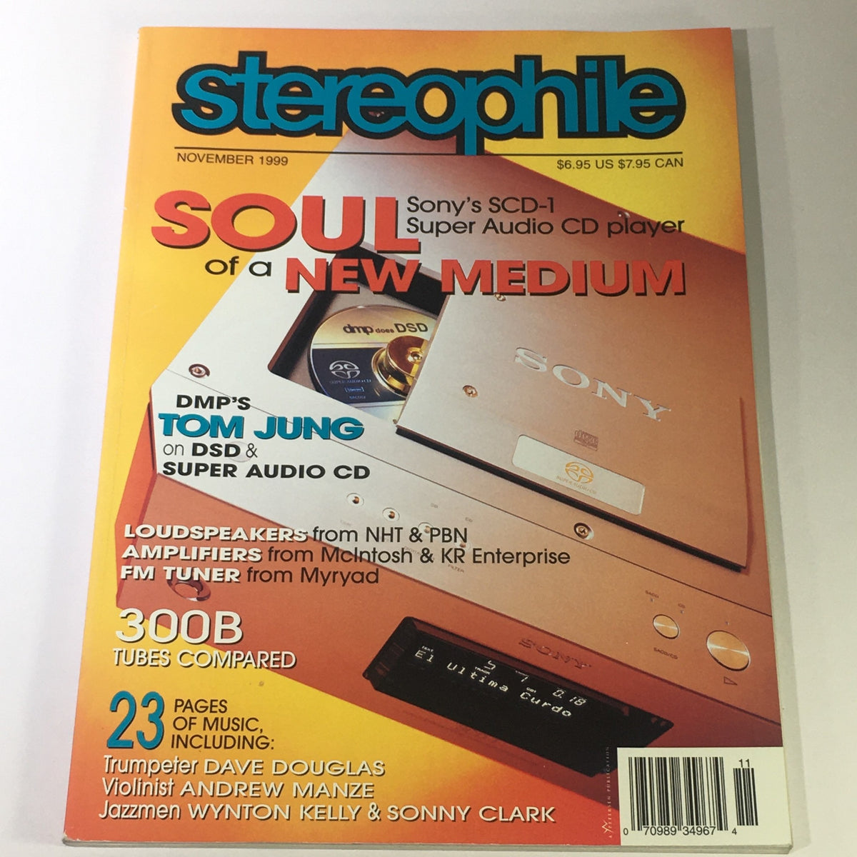 Stereophile Magazine November 1999 cover featuring an article by DMP's Tom Jung on DSD & Audio CD, showcasing Sony's SCD-1 Super Audio CD player.