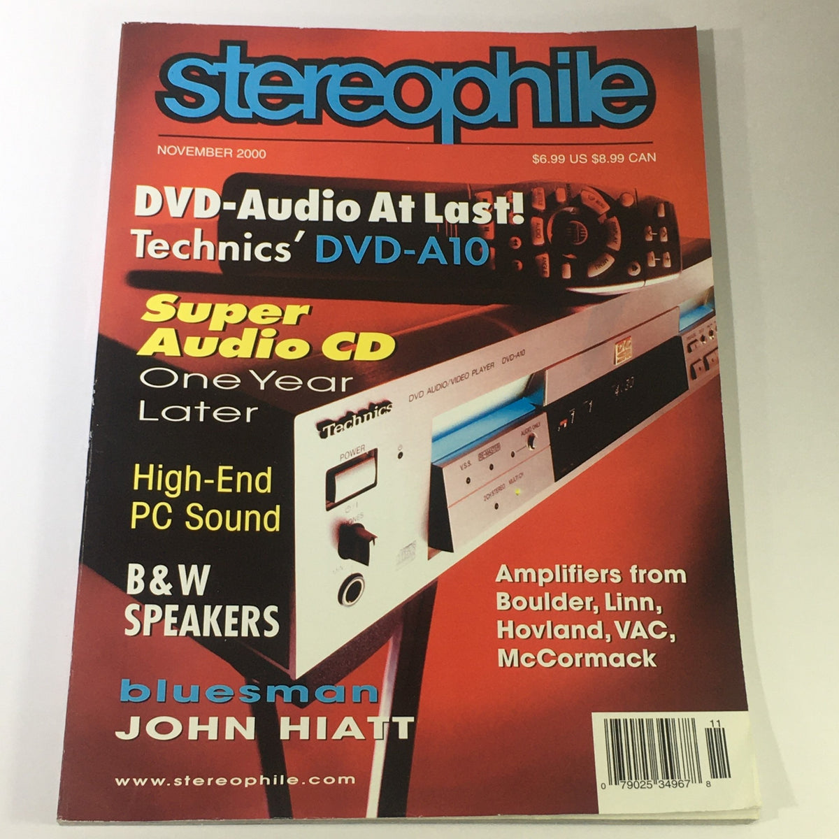 Stereophile Magazine November 2000 cover featuring DVD-A10, Super Audio CD, and the iconic blues musician John Hiatt, highlighting innovative audio technology and high-fidelity sound reproduction.