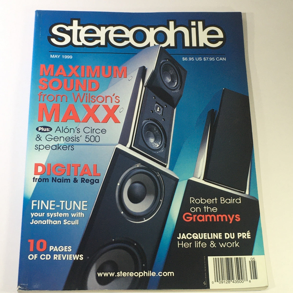 Cover of Stereophile Magazine May 1999 featuring highlights on Jacqueline Du Pre and Robert Baird on the Grammys. The issue emphasizes 'Maximum Sound from Wilson’s MAXX' and includes details about audio systems and speakers.