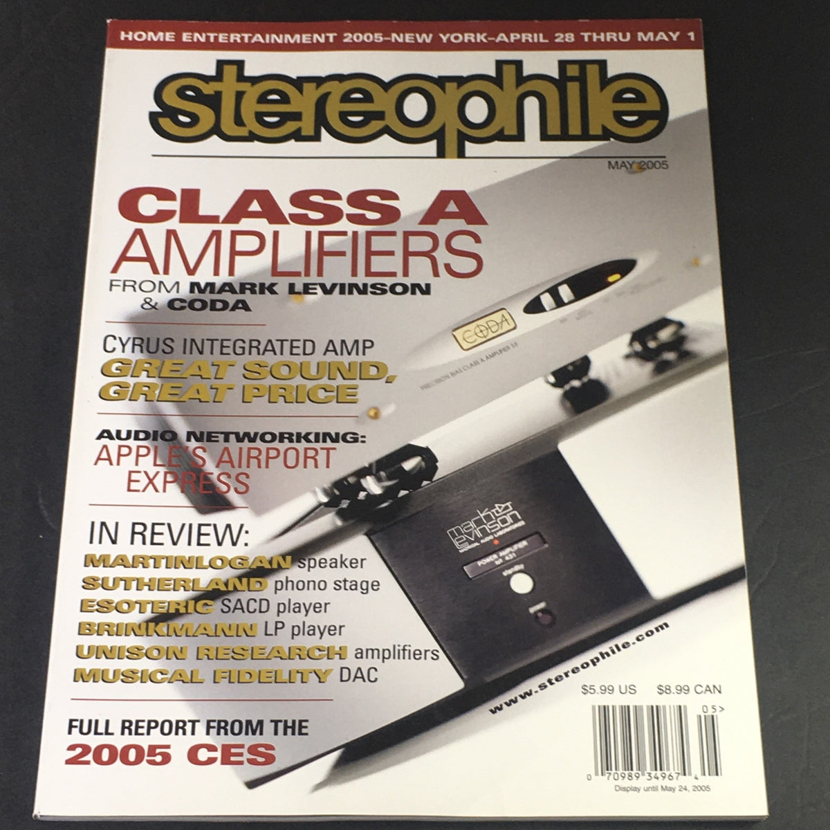 Cover of Stereophile Magazine May 2005 featuring topics on Class A amplifiers by Mark Levinson and Coda, showcasing high-fidelity audio innovations.
