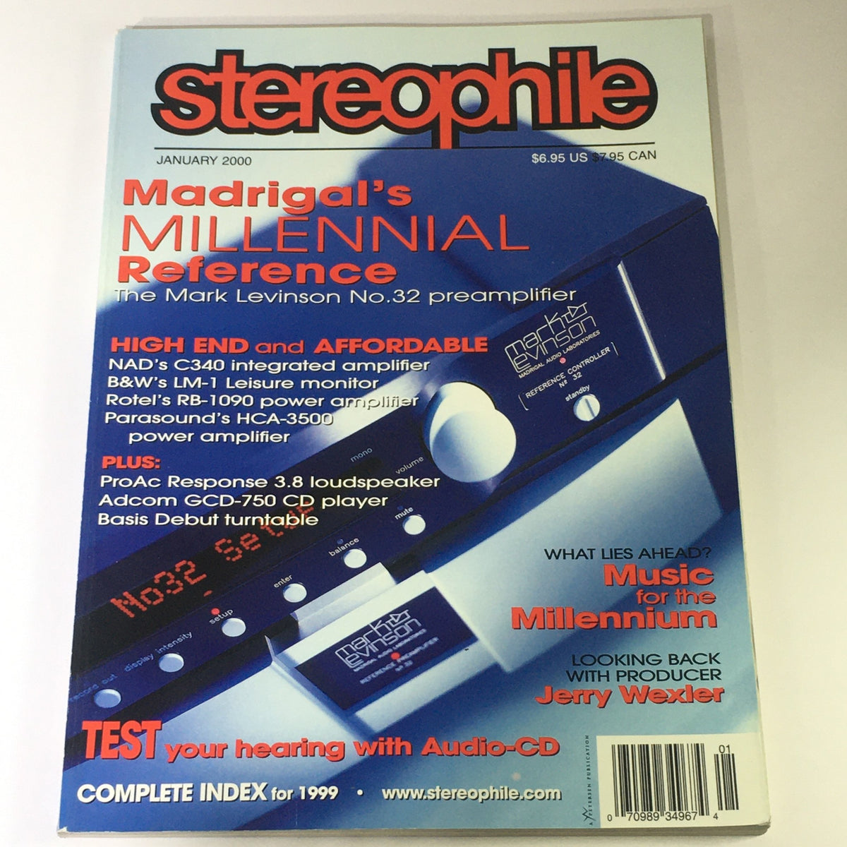 Cover of Stereophile Magazine January 2000 featuring Mark Levinson Pre AMP. Highlights include articles on high-end audio equipment and contributions from producer Jerry Wexler.
