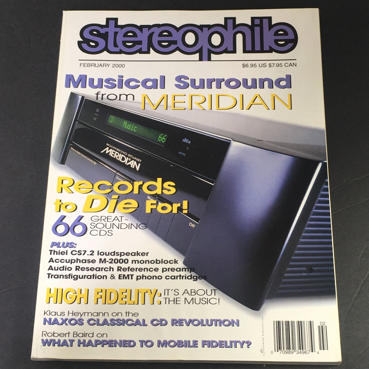 Cover of Stereophile Magazine February 2000 featuring a feature on Klaus Heymann's Naxos CD and music technology advancements, highlighting 'Records to Die For' and audio gear reviews.