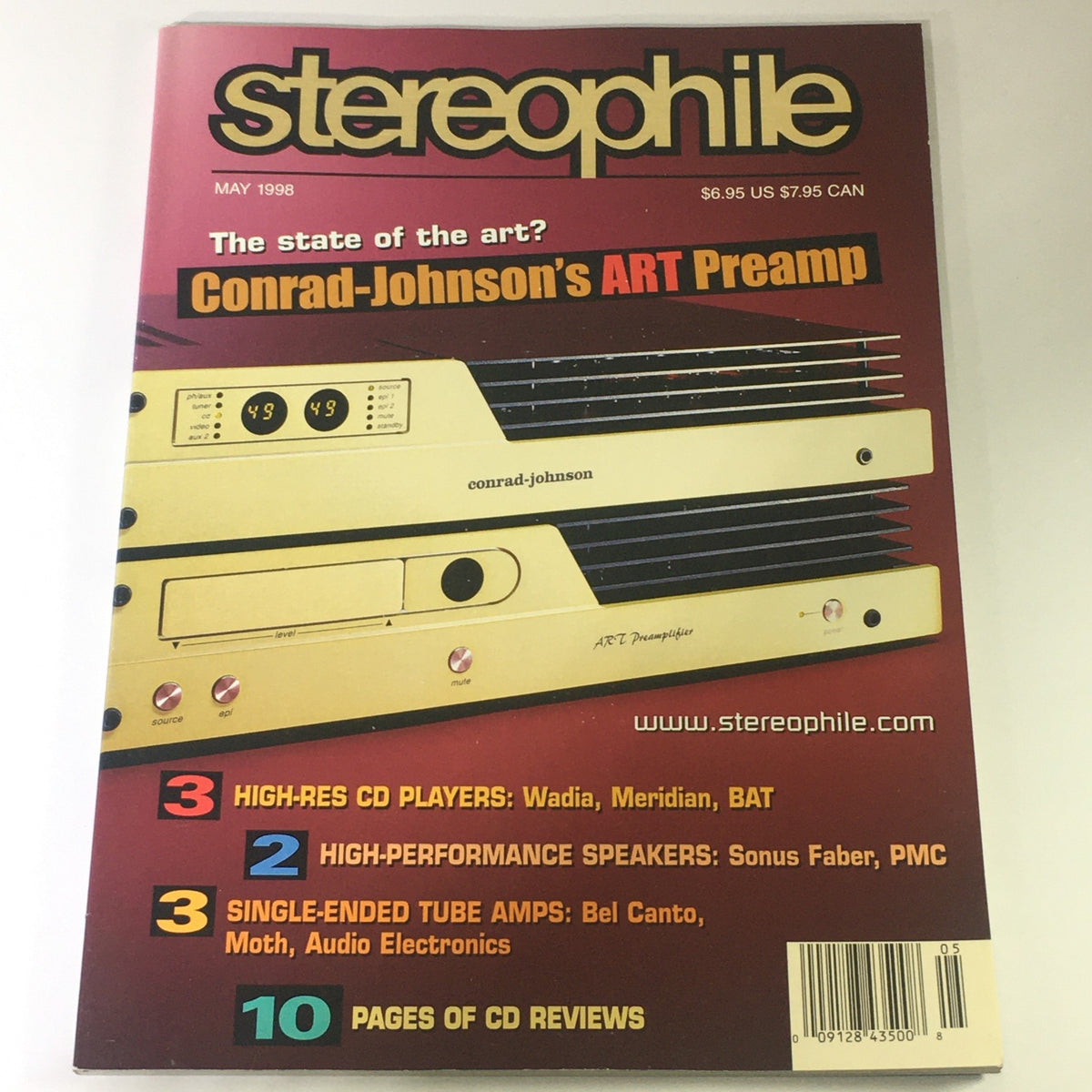 Cover of Stereophile Magazine May 1998 featuring Conrad-Johnson's ART Preamp and reviews of Meridian CD Player, highlighting advancements in high-fidelity audio technology.