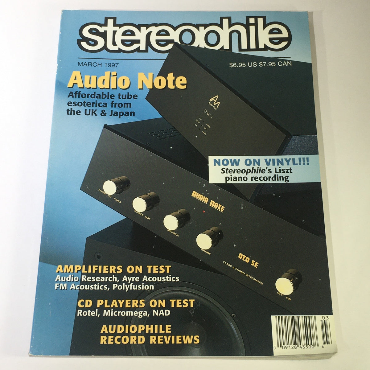 Stereophile Magazine March 1997 cover featuring Audio Note equipment, showcasing affordable tube esoterica from the UK and Japan, alongside reviews of amplifiers and CD players.