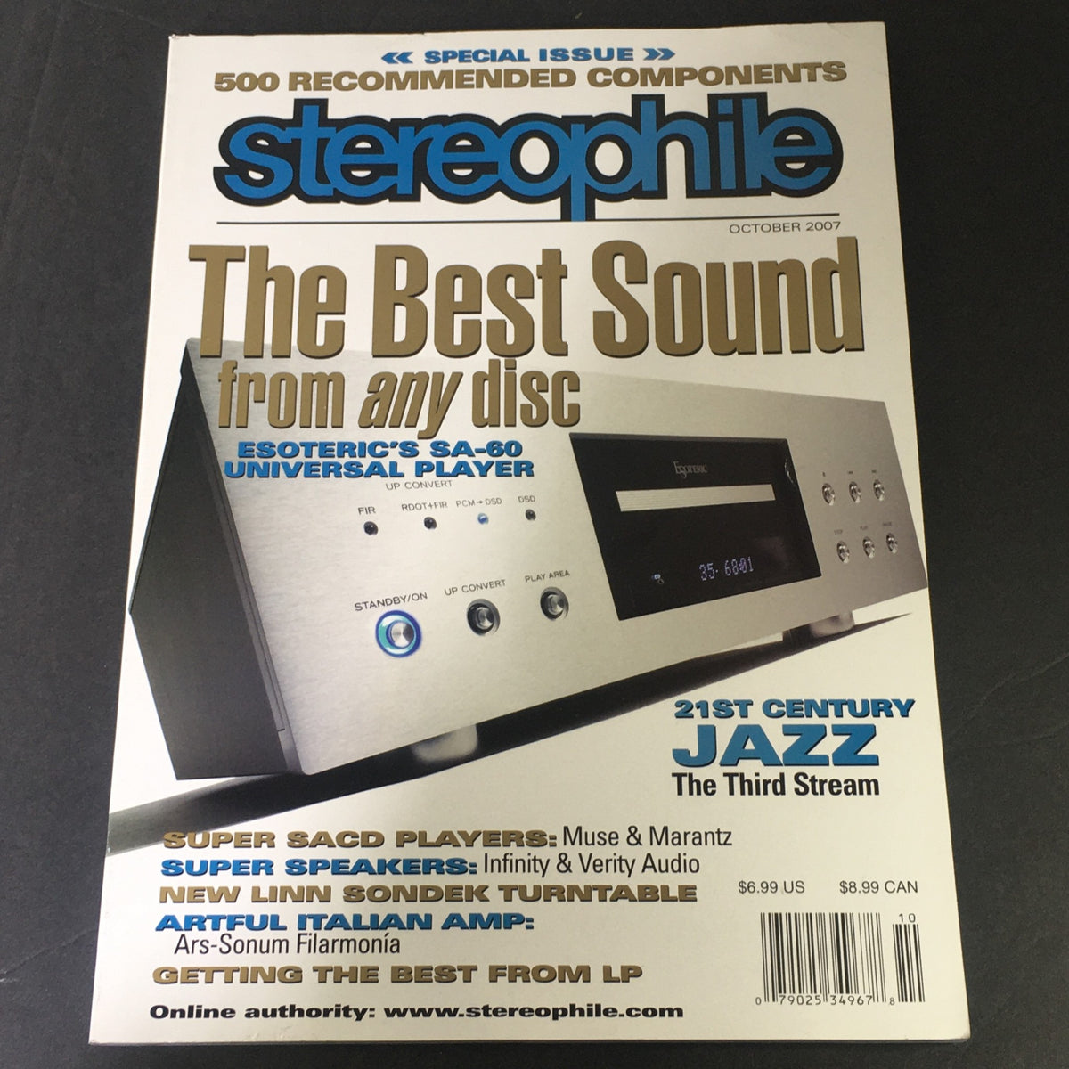 Stereophile Magazine October 2007 featuring an Esoteric SA-60 Universal Player on the cover, highlighting audio technology advancements and collector details.