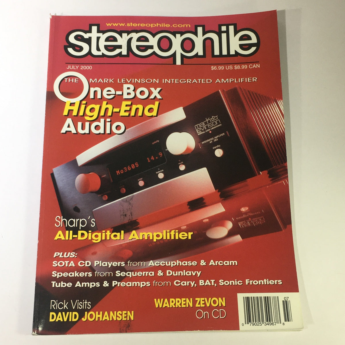 Cover of Stereophile Magazine July 2000 featuring The Mark Levinson Integrated Amplifier and Sharp's All-Digital Amplifier, highlighting one-box high-end audio.