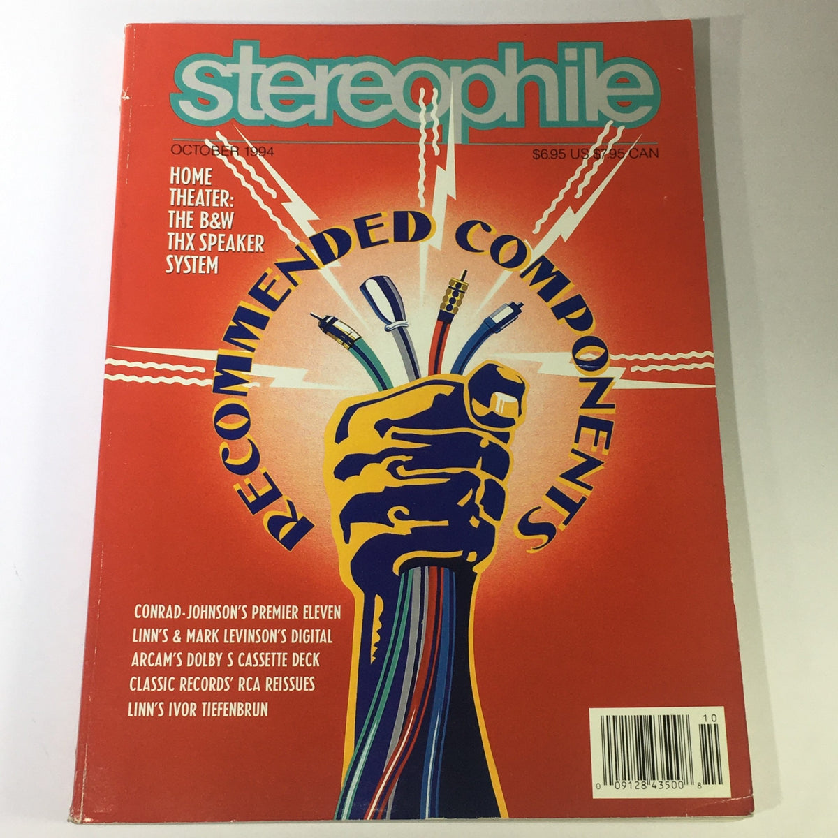 Stereophile Magazine October 1994 cover featuring the B&W THX Speaker System and Arcam Cassette Deck, showcasing recommended components in bright graphics.