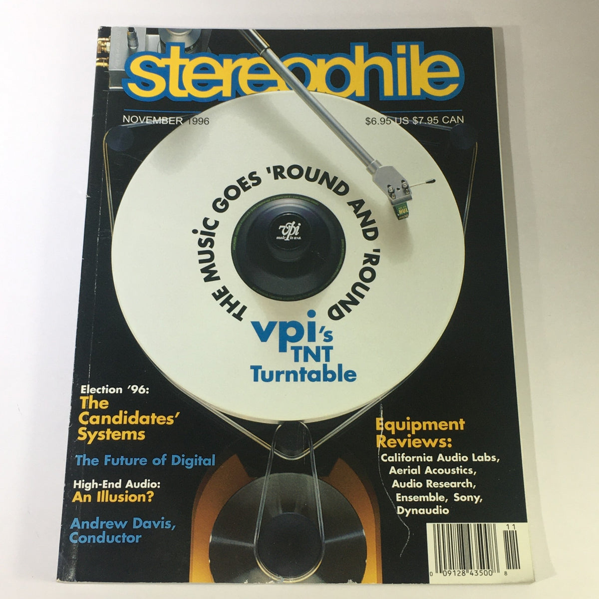 Cover of Stereophile Magazine from November 1996 featuring the title 'The Music Goes 'Round and 'Round' highlighting VPI's TNT Turntable, along with sections on election systems and high-end audio, presented in a vintage style appealing to audiophiles and collectors.