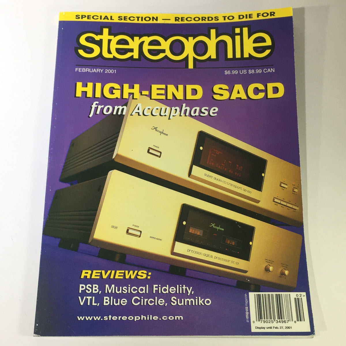 Stereophile Magazine February 2001 cover featuring articles on high-end audio equipment including reviews of PSB, VTL, Blue Circle, and Sumiko. Perfect for audiophiles and vintage magazine collectors.