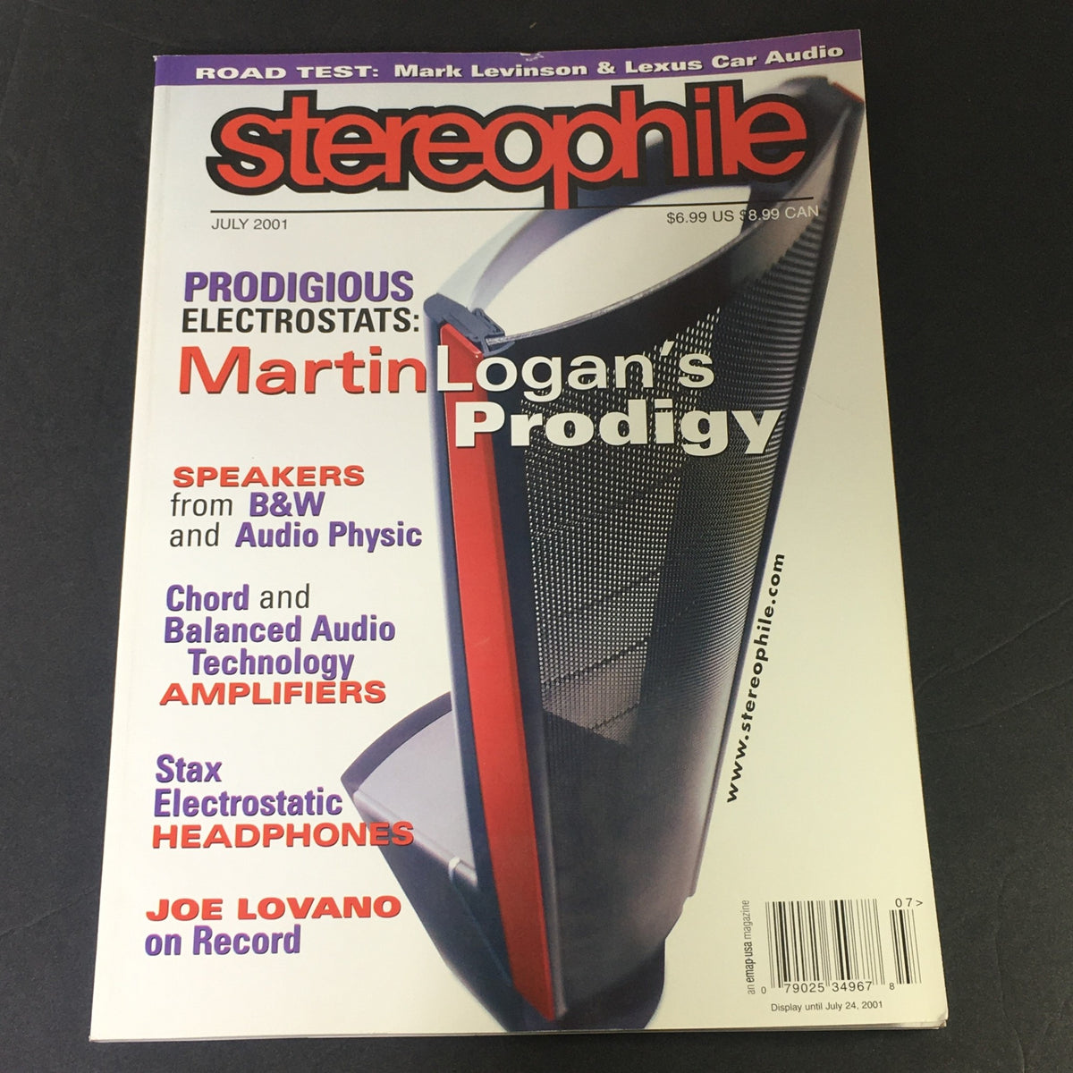 Cover of Stereophile Magazine July 2001 featuring Martin Logan's Prodigy on the front, highlighting audio technology and Joe Lovano.