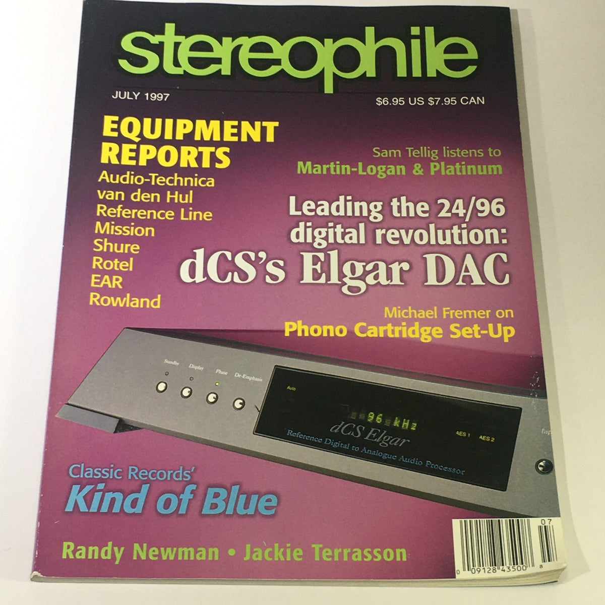 Cover of Stereophile Magazine July 1997 featuring Randy Newman, Jackie Terrasson, and articles on audio equipment, including dCS's Elgar DAC. A vintage collectible for music enthusiasts.