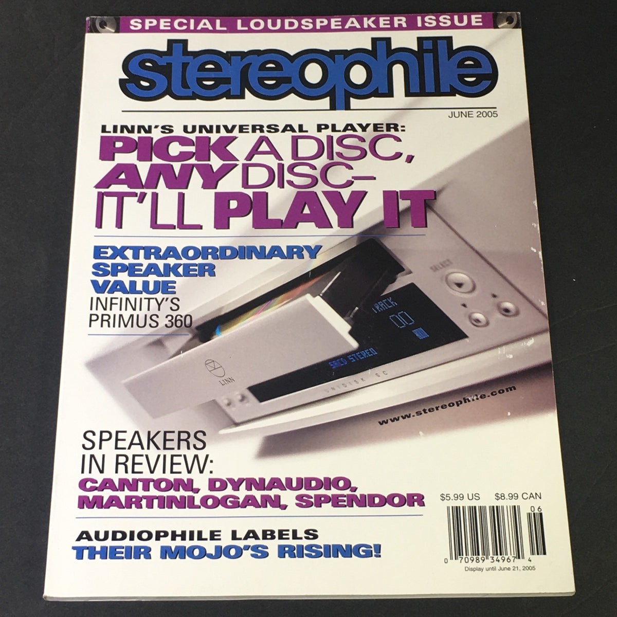 Cover of Stereophile Magazine from June 2005 featuring articles on Primus 360 Infinity and Martin Logan speakers, highlighting audio technology and reviews.