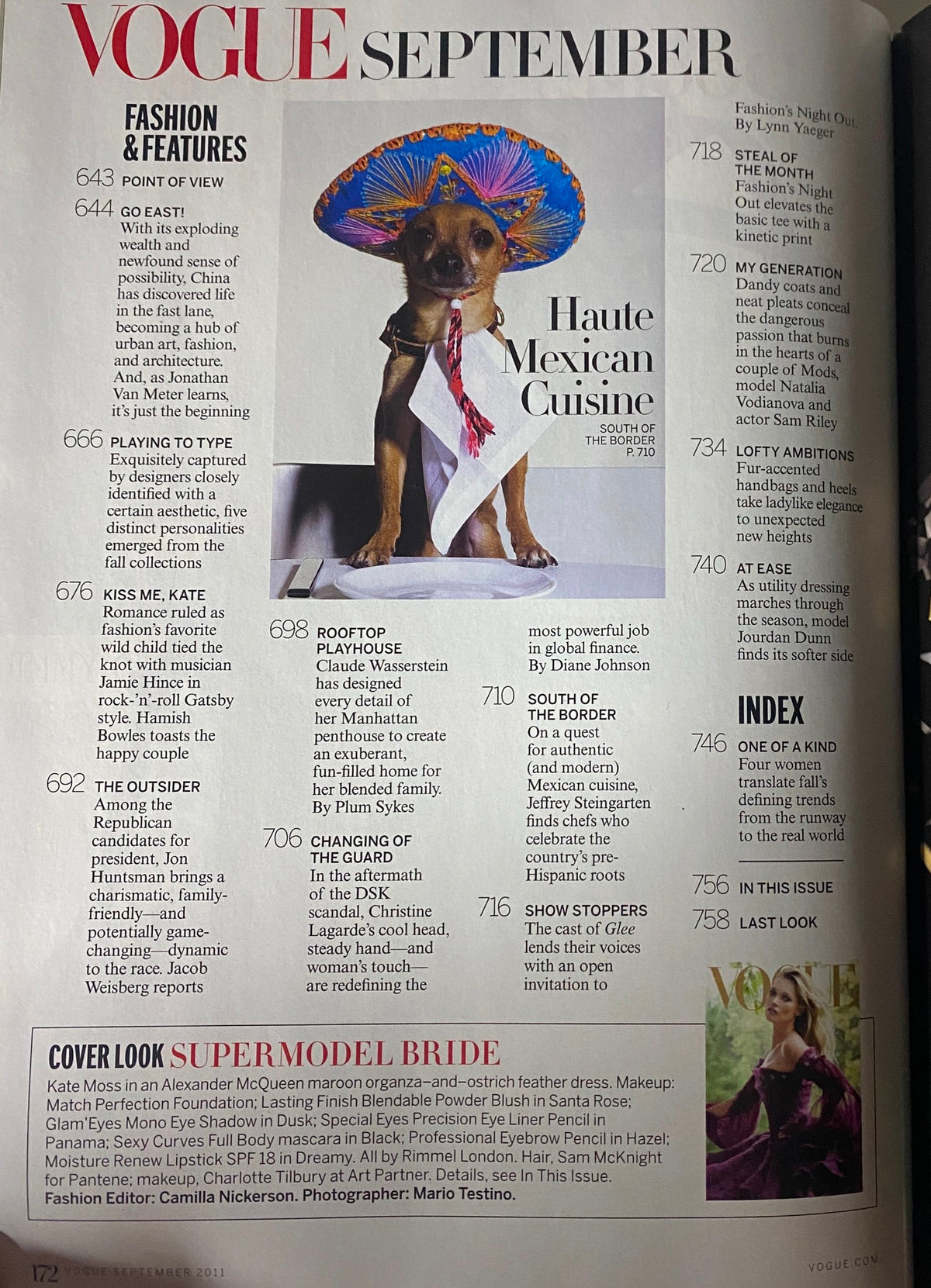 Vogue Magazine September 2011 Kate Moss Cover illustration featuring a dog dressed in a colorful sombrero, highlighting the theme of Haute Mexican Cuisine.