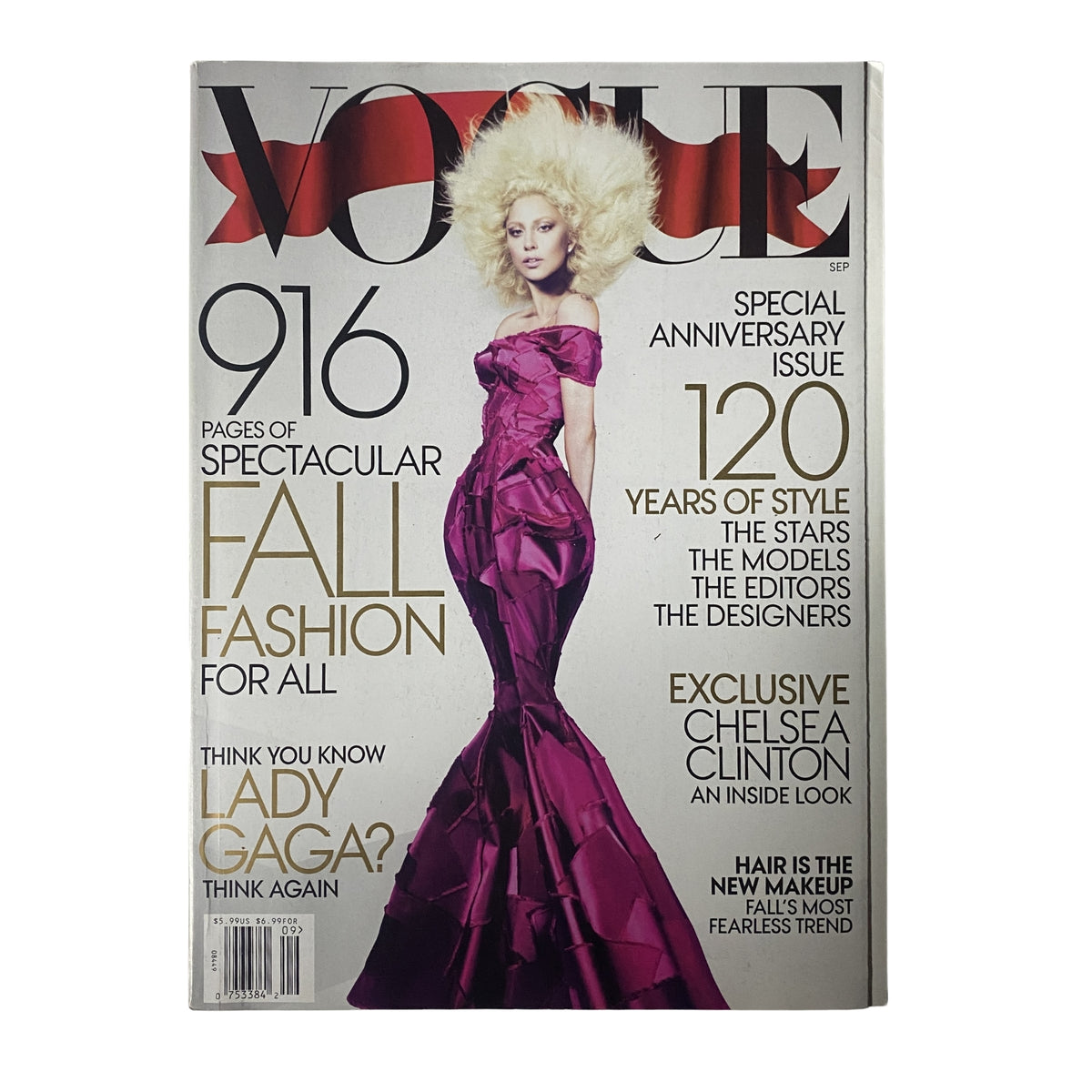 Vogue Magazine September 2012 Lady Gaga Cover features a glamorous shot of Lady Gaga in a dramatic pink dégradé dress by Marc Jacobs, highlighting fall fashion trends for all.