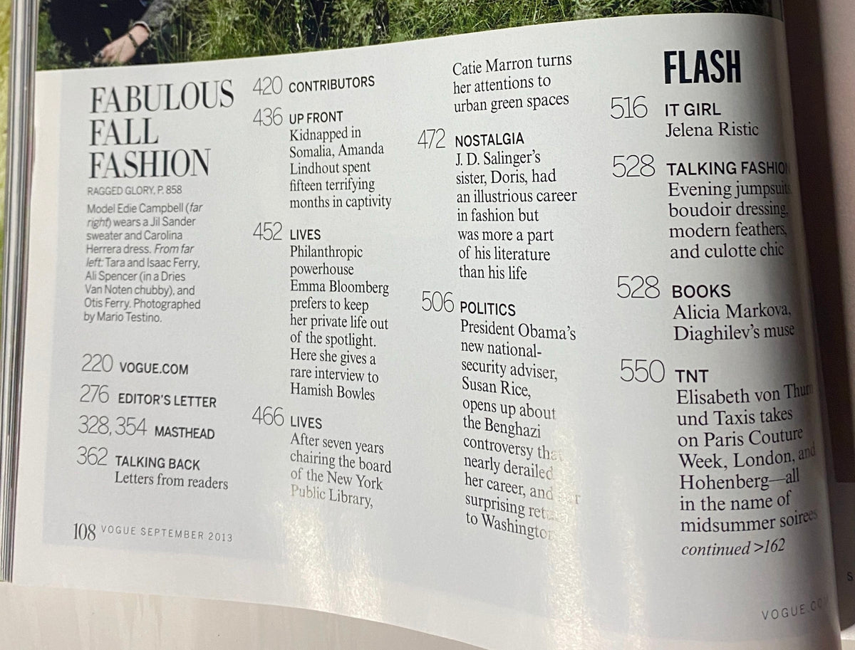 Table of contents from Vogue Magazine September 2013, including sections like 'Fabulous Fall Fashion', 'Editor’s Letter', and 'Talking Back'.