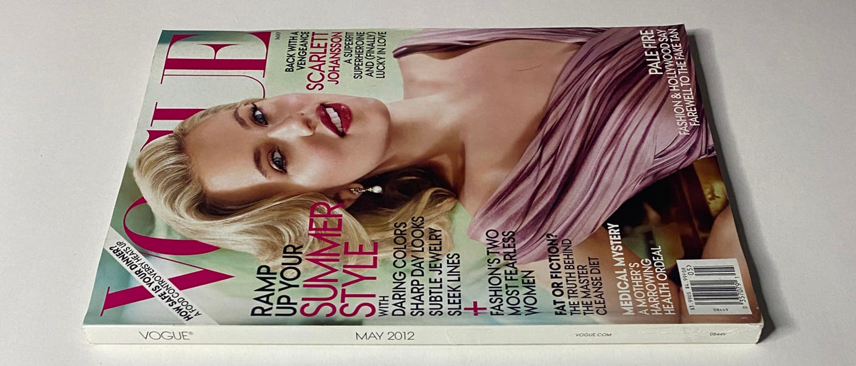 Vogue Magazine May 2012 Scarlett Johansson Cover showcasing 'Scarlett Fever' theme with a silk plissé-pleat dress from Prada, perfect for collectors and fashion enthusiasts.