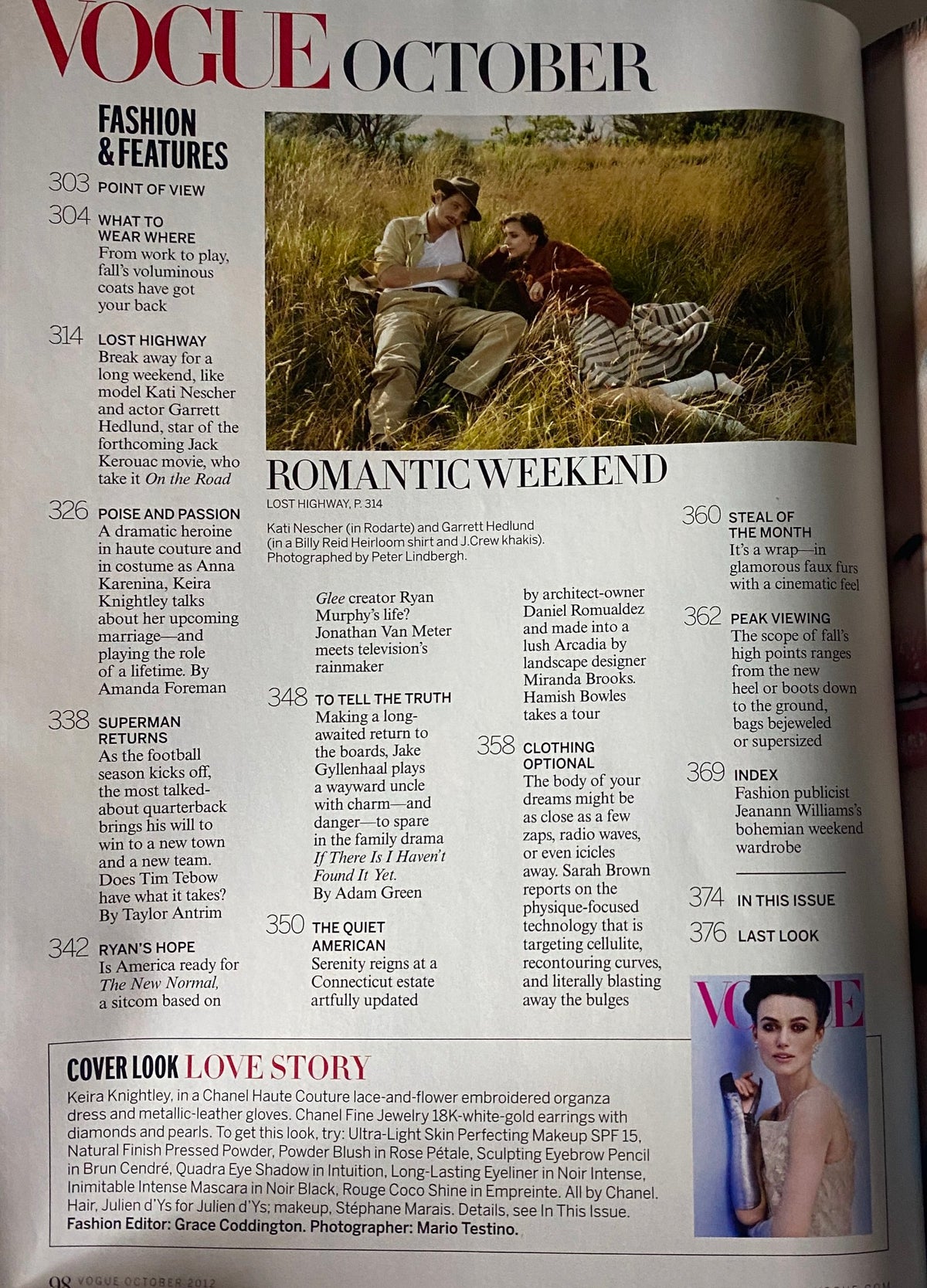 Vogue Magazine October 2012 interior page highlighting articles such as 'Poise and Passion' and 'Romantic Weekend' with styling references to fashion.